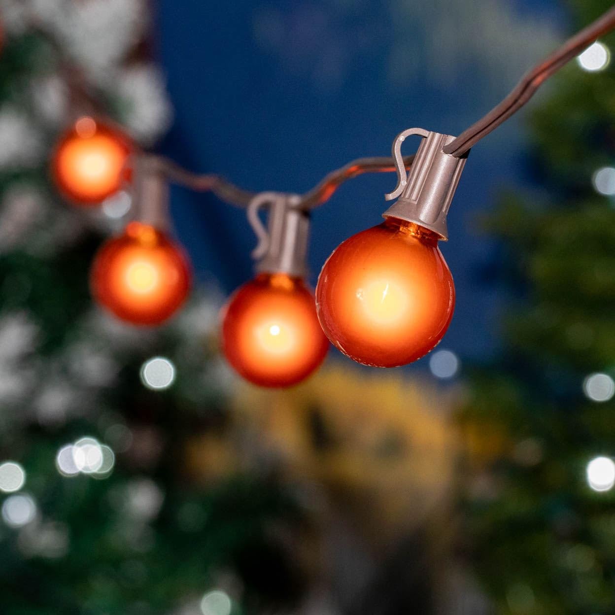 100ft G40 Outdoor String Lights with 125 Amber Globe Bulbs - Commercial Grade Patio Lights for Restaurant, Cafe, Bistro & Backyard - Weatherproof Hanging Lights with C7/E12 Base - Brown Wire - Perfect for Weddings, Parties & Outdoor Dining