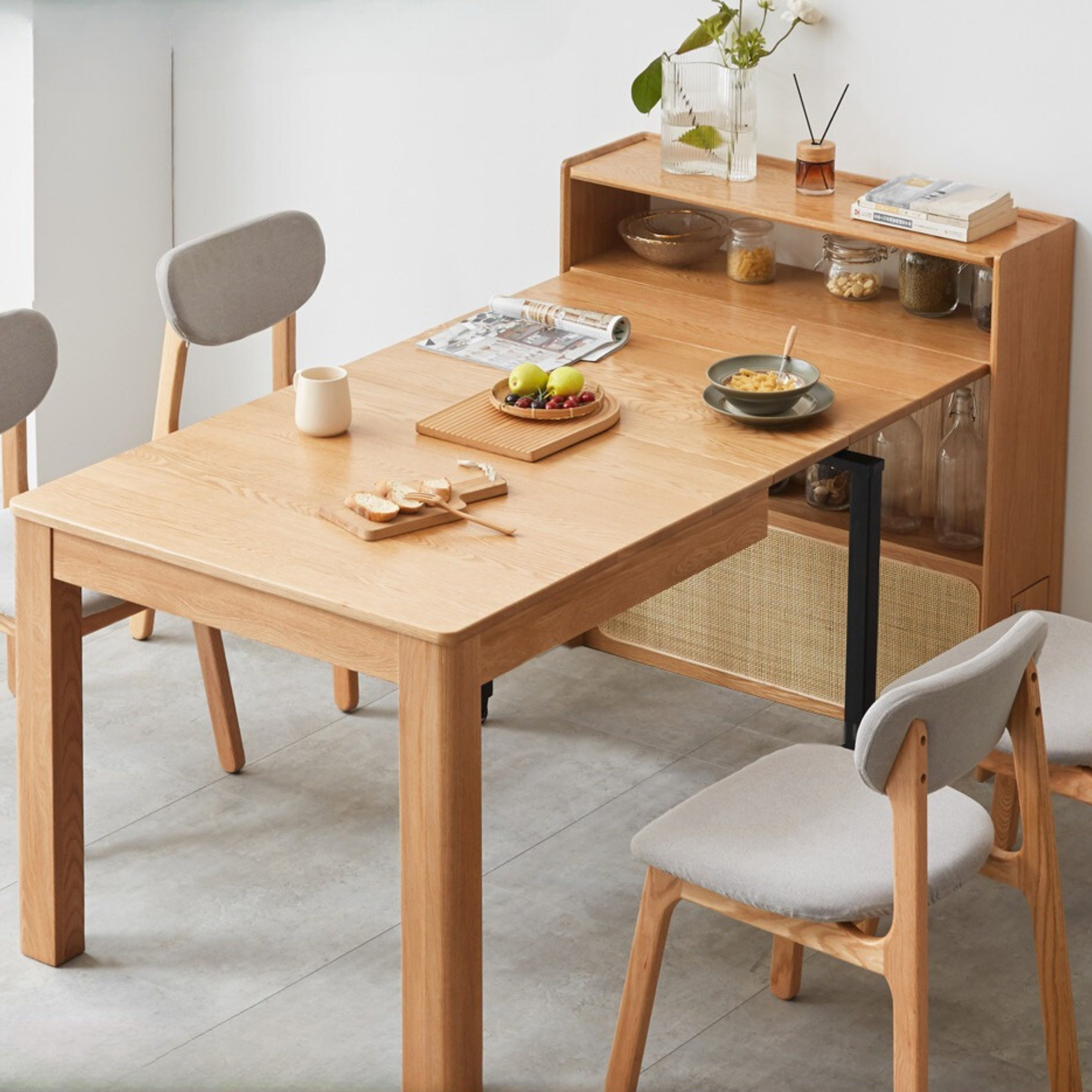 Solid Oak Wood Extendable Dining Table with Sideboard - Perfect for Small Spaces, Dining Rooms, and Multi-Purpose Areas