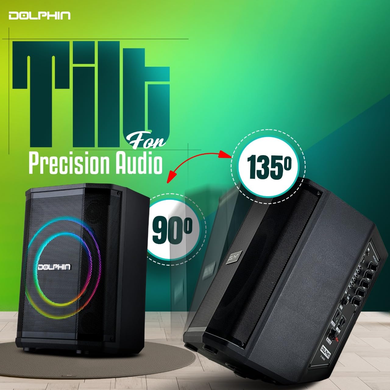 Dolphin Rechargeable Portable Bluetooth Speaker with 3D LED Ring Light, TWS Pairing, Wireless Mic & Multiple Playback Modes - Perfect for Parties, Karaoke, Outdoor Events & On-The-Go Entertainment