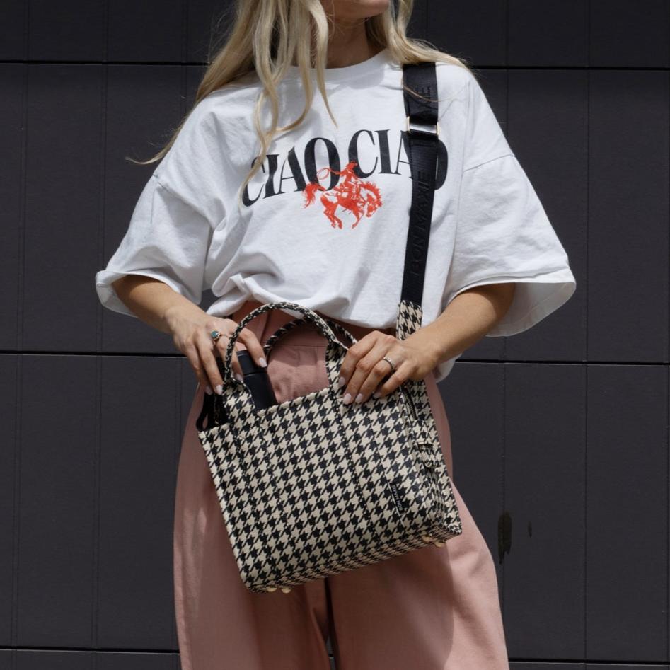 Micro Bon Vivant Structured Tote Bag - Black Houndstooth Pattern Handbag for Women | Stylish Work Bag, Travel Tote & Everyday Purse for Office, Shopping & Commute