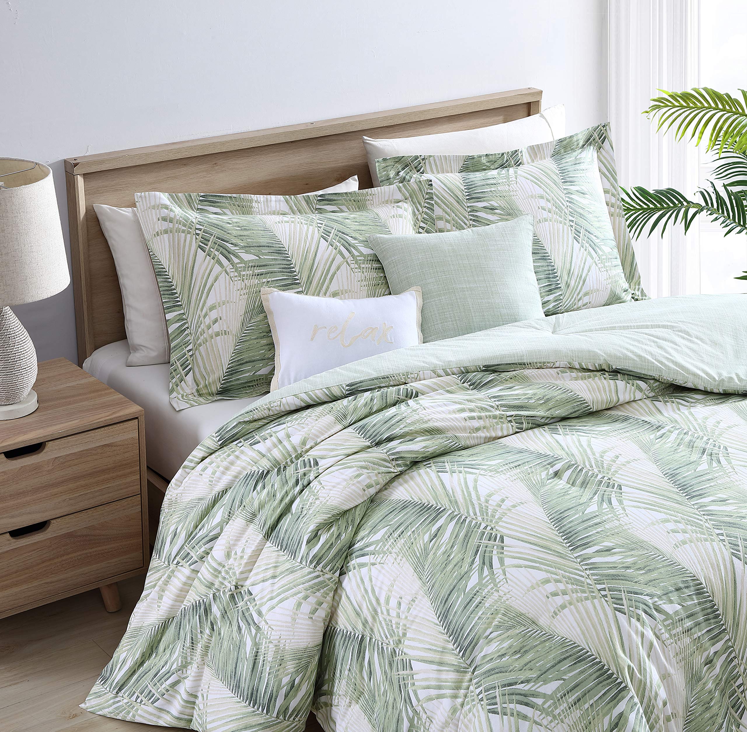 Tommy Bahama Queen Comforter Set - Reversible 100% Cotton Bedding with Shams & Bonus Throw Pillows | Ultra Soft Luxury Bedding for Master Bedroom, Guest Room (Kauai Green, Queen Size)