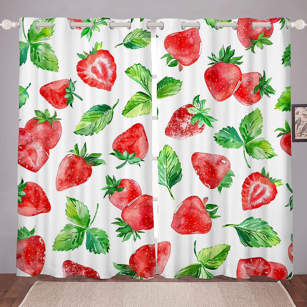 Castle Fairy Kawaii Curtains - Fresh Strawberry with Green Leaves Window Drapes for Kids, Girls & Women | Chic Fruit-Themed Grommet Top Window Treatment (2 Panels, 104W x 96L) | Perfect for Bedroom, Nursery & Playroom Decor