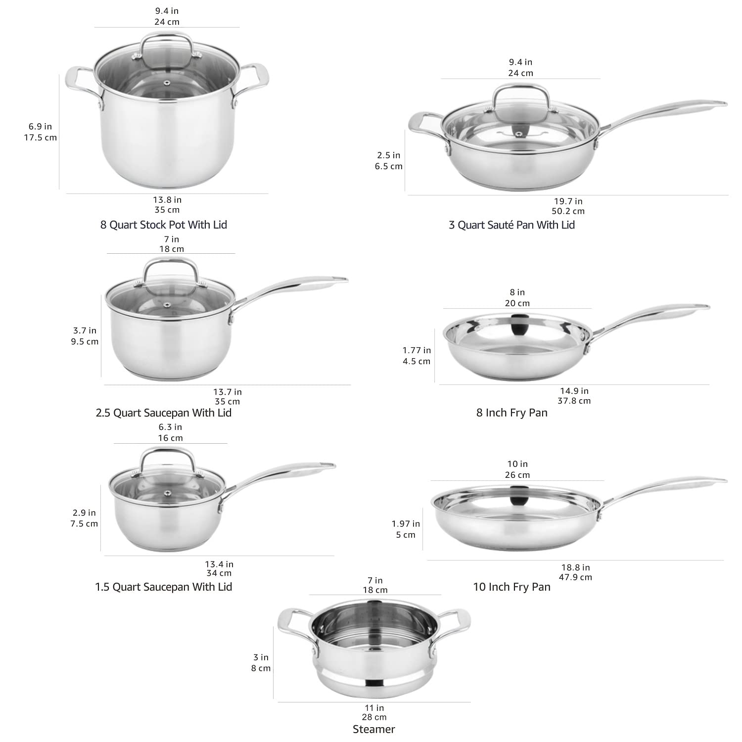 Amazon Basics 11-Piece Stainless Steel Cookware Set - Induction Ready Pots & Pans Set with Lids, Oven & Dishwasher Safe, Heavy Duty & Easy to Clean for Professional Cooking - Perfect for Home Chefs & Kitchen Enthusiasts
