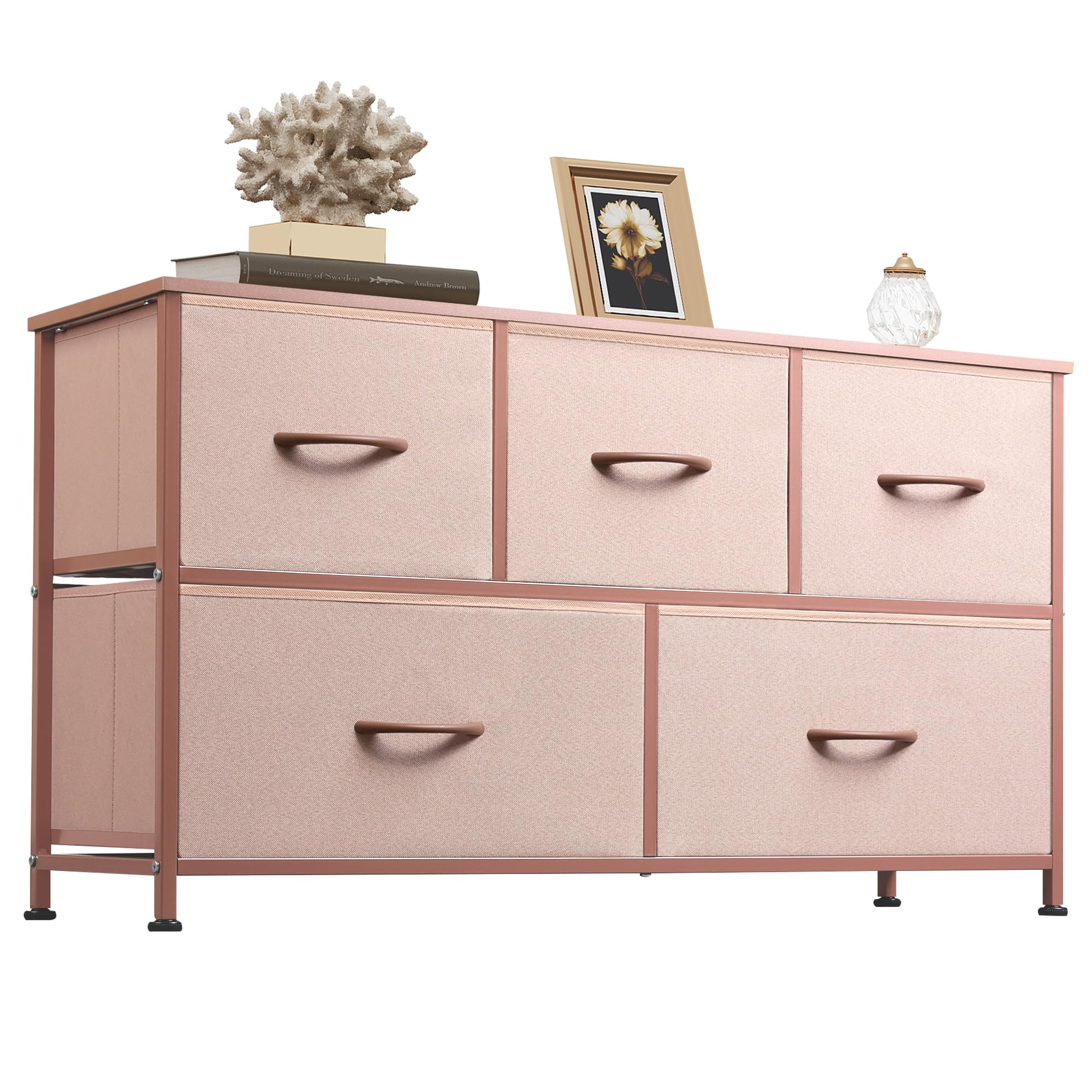 5-Drawer Fabric Dresser for Bedroom - Wide Storage Chest with Fabric Bins | Closet, Living Room & Hallway Organization | Pink & Rose Gold Home Decor