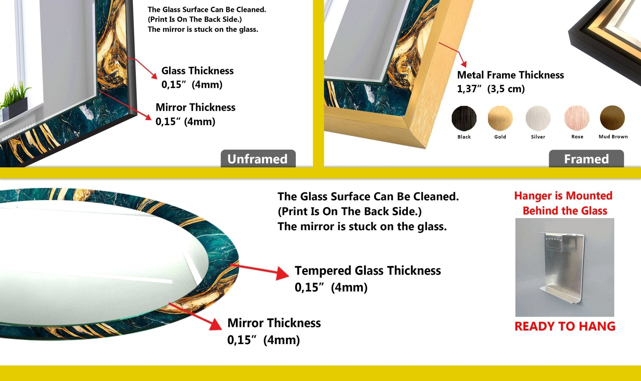 Abstract Green and Gold Wall Mirrors - Modern Decorative Mirror for Living Room, Bedroom, Entryway - Adds Elegance & Style to Any Space