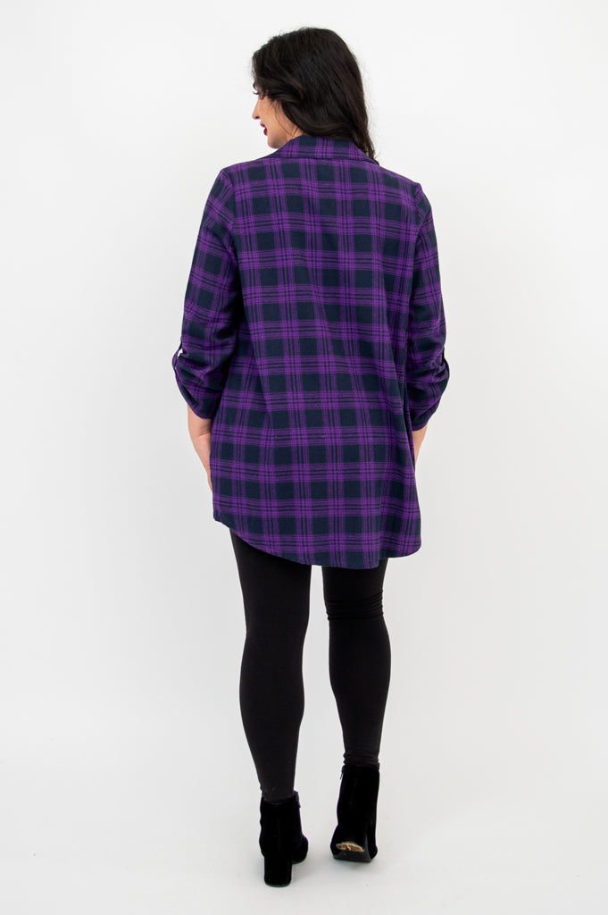 Celine Women's Cotton Tunic Top - Acai Plaid Print, Casual Long Blouse for Work, Office, and Everyday Wear