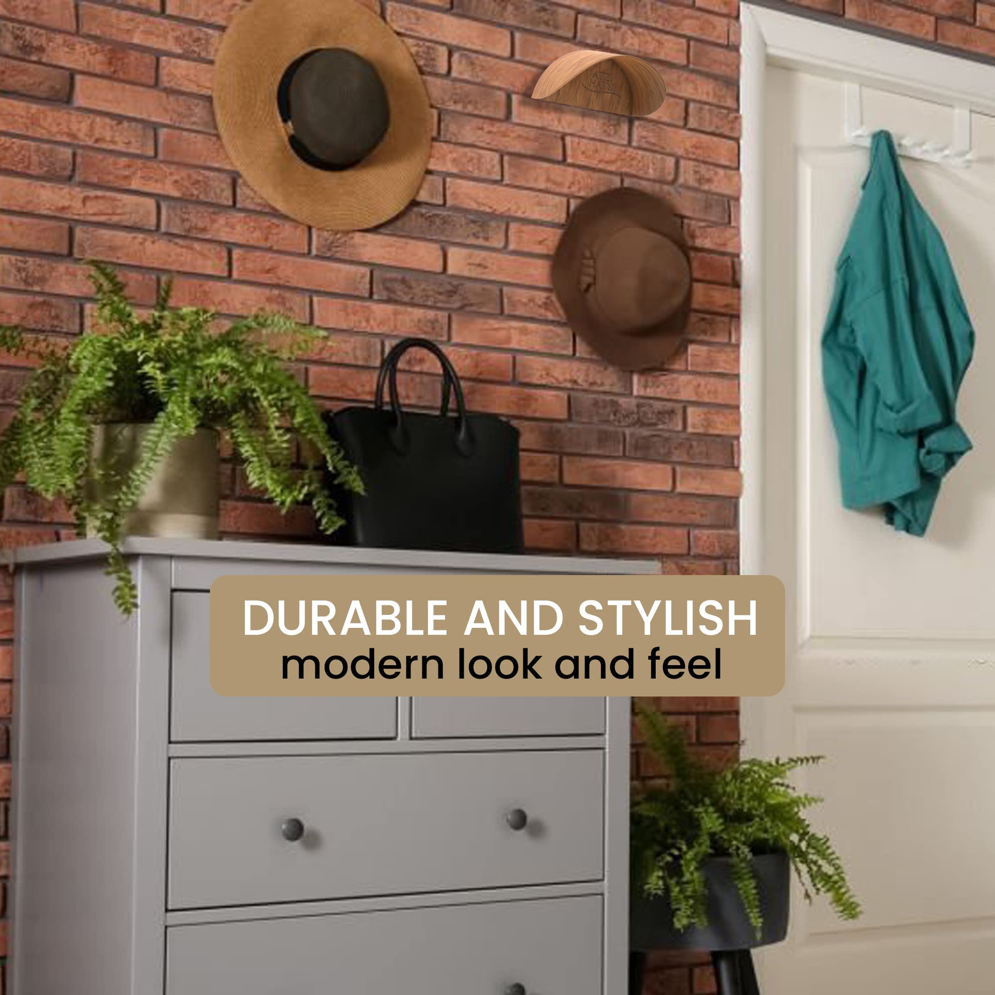 2 Pack Walnut Wood Wall Mounted Hat Hanger - Cowboy, Baseball, Fedora & Trucker Hat Organizer with Minimalist Design | Perfect for Western Décor, Entryway Storage & Hat Display Rack (Also Holds Headphones & Towels)
