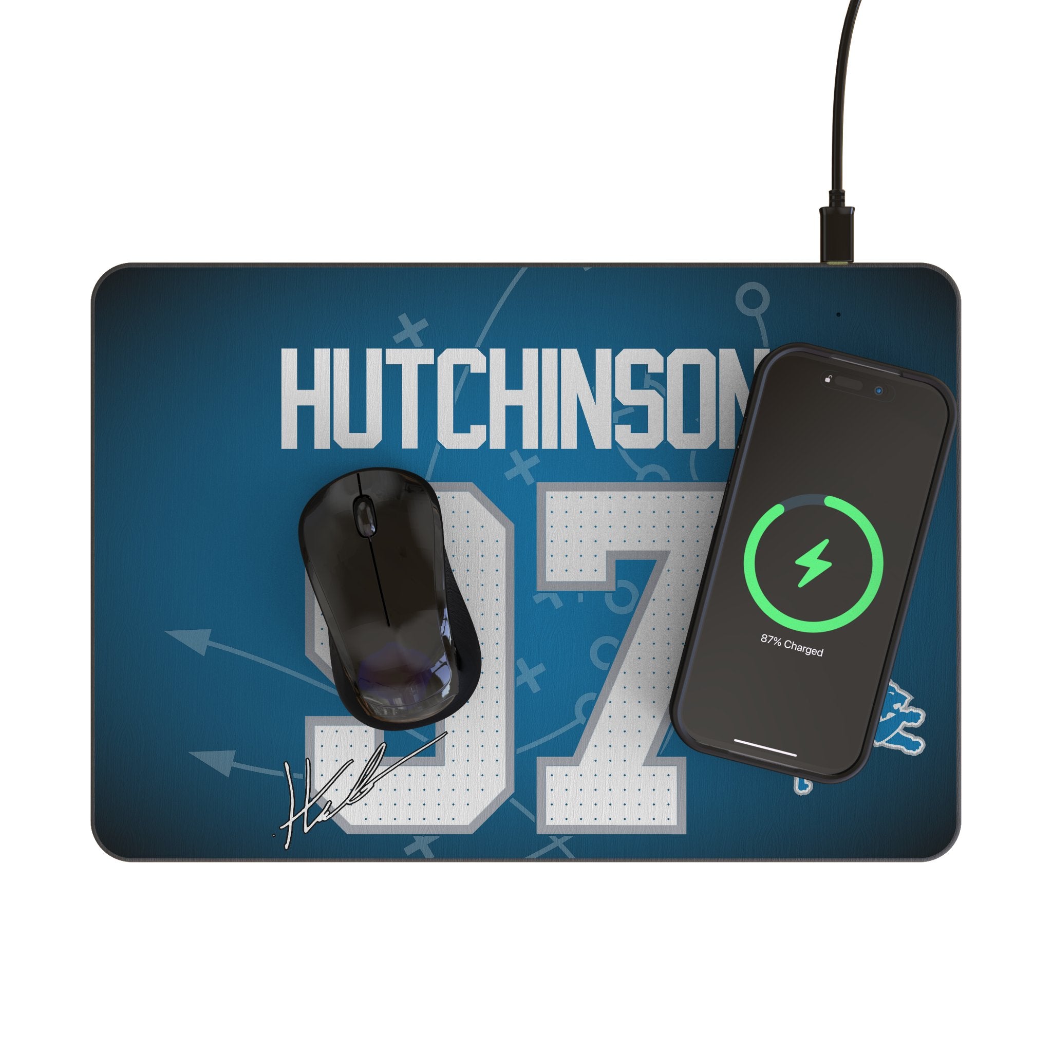 Aidan Hutchinson Detroit Lions 97 Wireless Charging Mouse Pad - 15W Fast Qi Charger for iPhone & Android - Perfect for Gaming, Office & Home Desk Setup