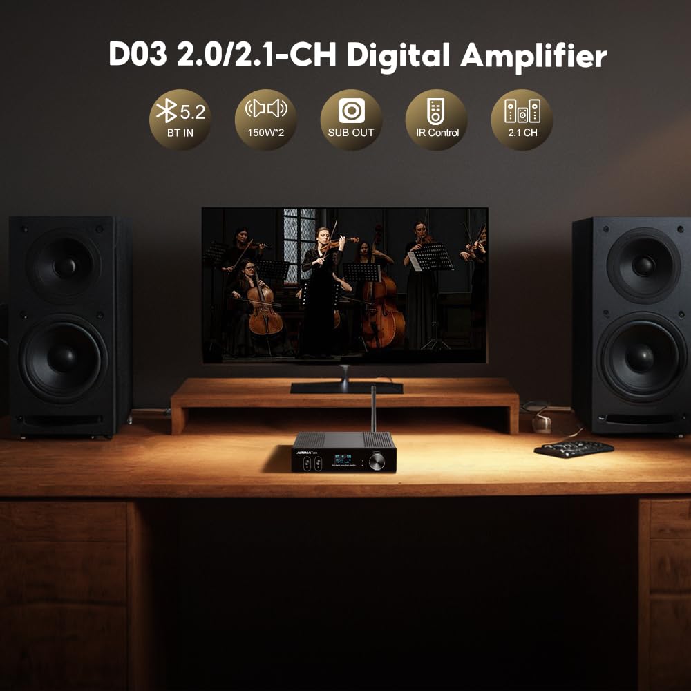 AIYIMA D03 Bluetooth 5.0 Stereo Amplifier - 150W x 2 HiFi Power Amp with DAC, 24Bit/192kHz, USB/Coaxial/Optical Inputs, OLED Display, AptX HD, Remote Control - Perfect for Home Theater, Music Studio & Subwoofer Systems