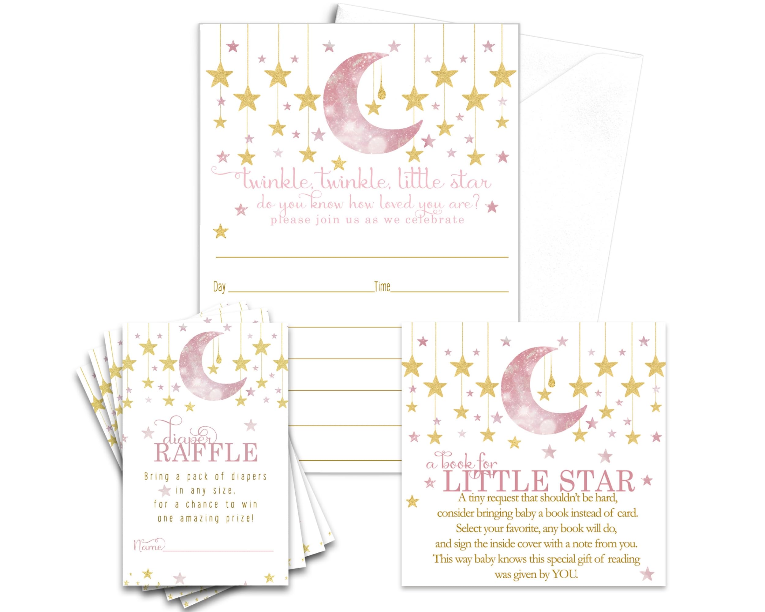 Twinkle Little Star Baby Shower Invitation Set - 25 Celestial Themed Blank Girl Invites with Envelopes, Diaper Raffle Tickets & Book Insert Cards - Perfect for Baby Showers, Gender Reveals & Newborn Celebrations