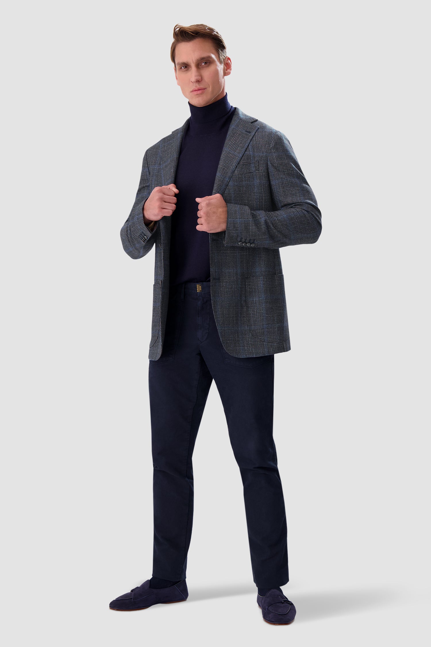 Barba Napoli Grey Blue Checkered Long 2B Blazer for Men | Premium Wool Business Suit Jacket | Formal Office Wear & Wedding Attire