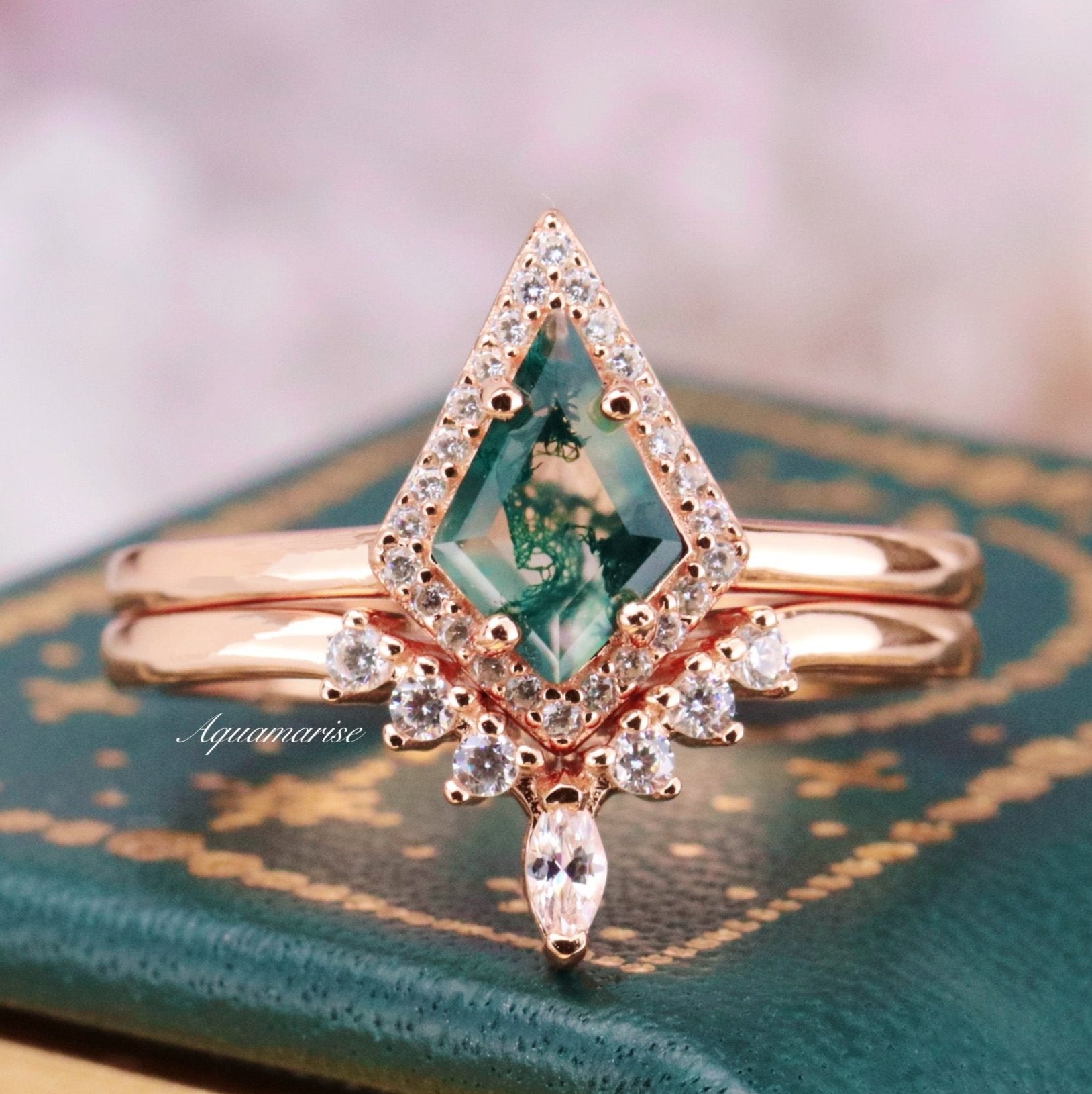 14K Rose Gold Vermeil Kite Green Moss Agate Ring Set - Elegant Gemstone Jewelry for Women, Perfect for Weddings, Anniversaries & Special Occasions