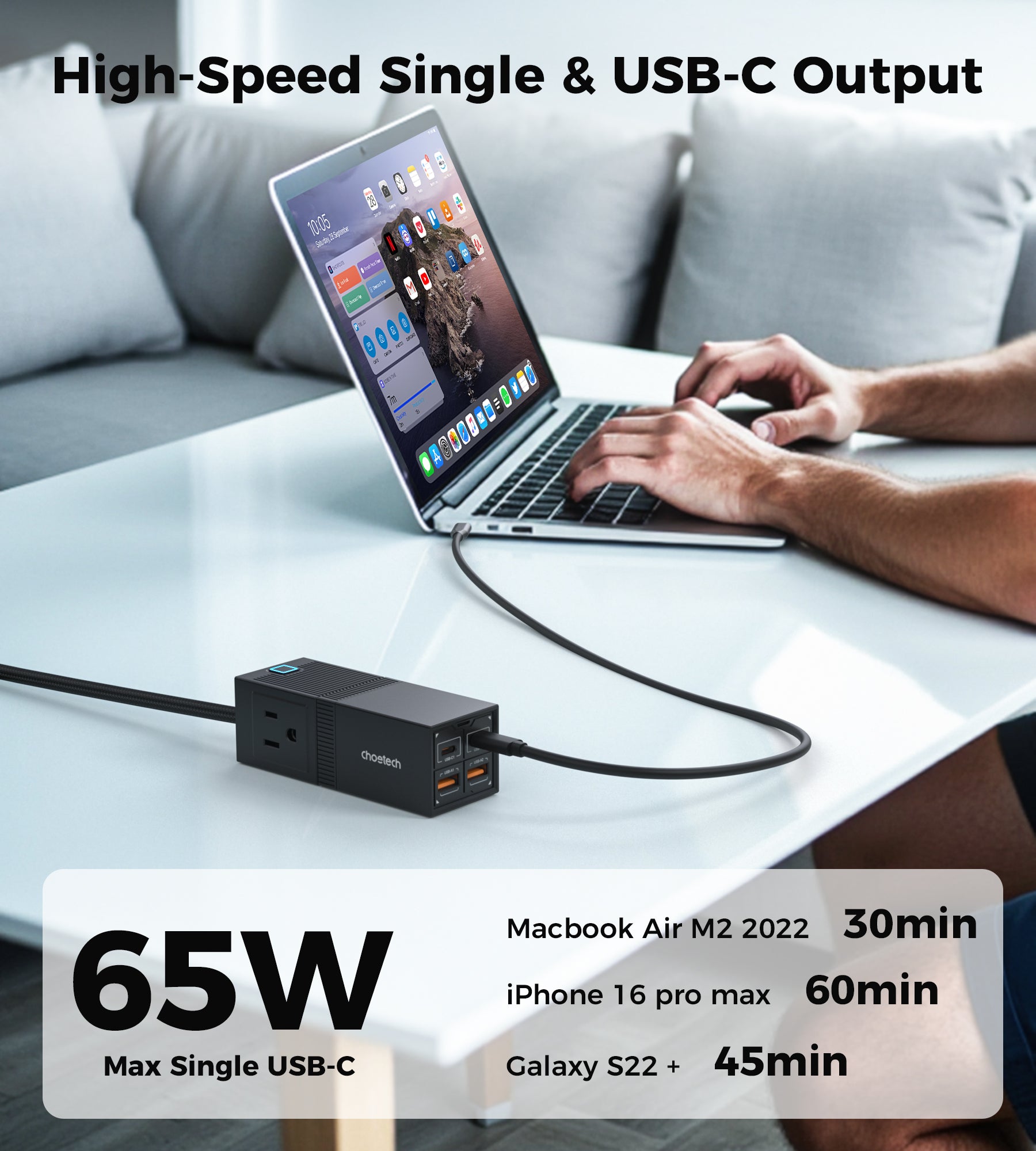 Choetech PD8054 65W GaN Power Strip with 4 USB Ports - 5-in-1 Fast Charging Station for iPhone, Samsung, iPad, Laptop - Perfect for Home, Office & Travel Charging Needs