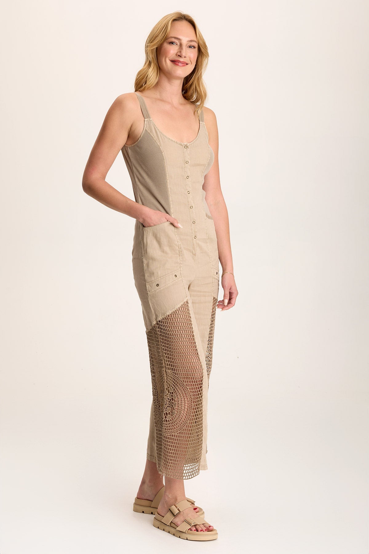 Anamita Women's Linen Crochet Jumpsuit - Summer Boho Romper with Floral Embroidery | Perfect for Beach Vacation, Music Festival & Casual Outings
