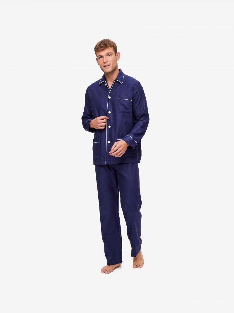DEREK ROSE Lombard 6 Cotton Jacquard Classic Fit Pajama Set for Men - Navy Blue Sleepwear for Comfortable Nights & Lounge Wear