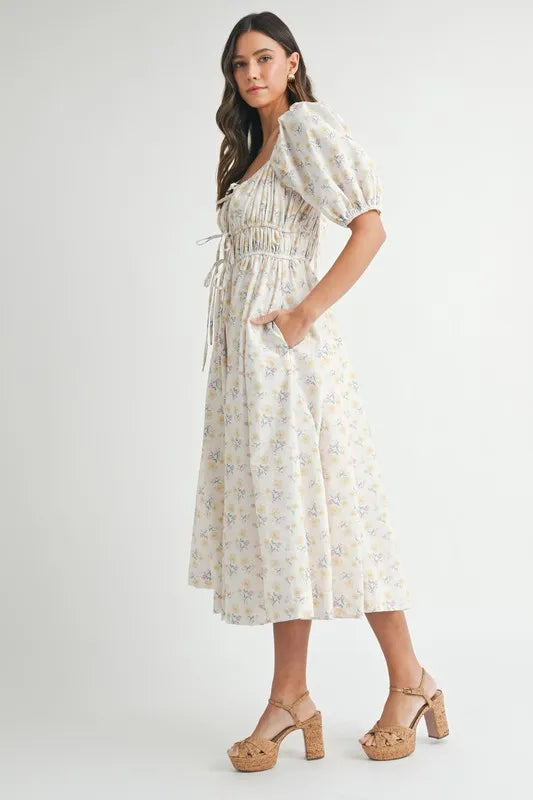 Floral Puff Sleeve Midi Summer Dress for Women - Boho Flowy Beach Dress with Ruffle Hem, Perfect for Vacation, Wedding Guest & Outdoor Parties