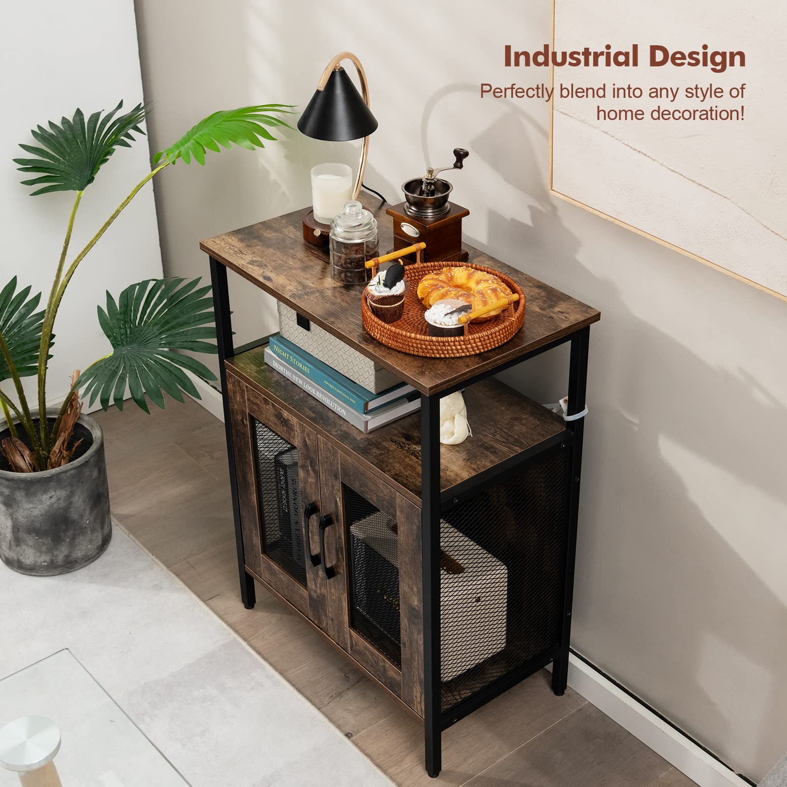 Industrial Wine Bar Cabinet with Detachable Rack & Glass Holder - Metal Mesh Door Coffee Bar Sideboard for Kitchen, Living Room | Perfect for Entertaining, Dining Storage & Home Decor