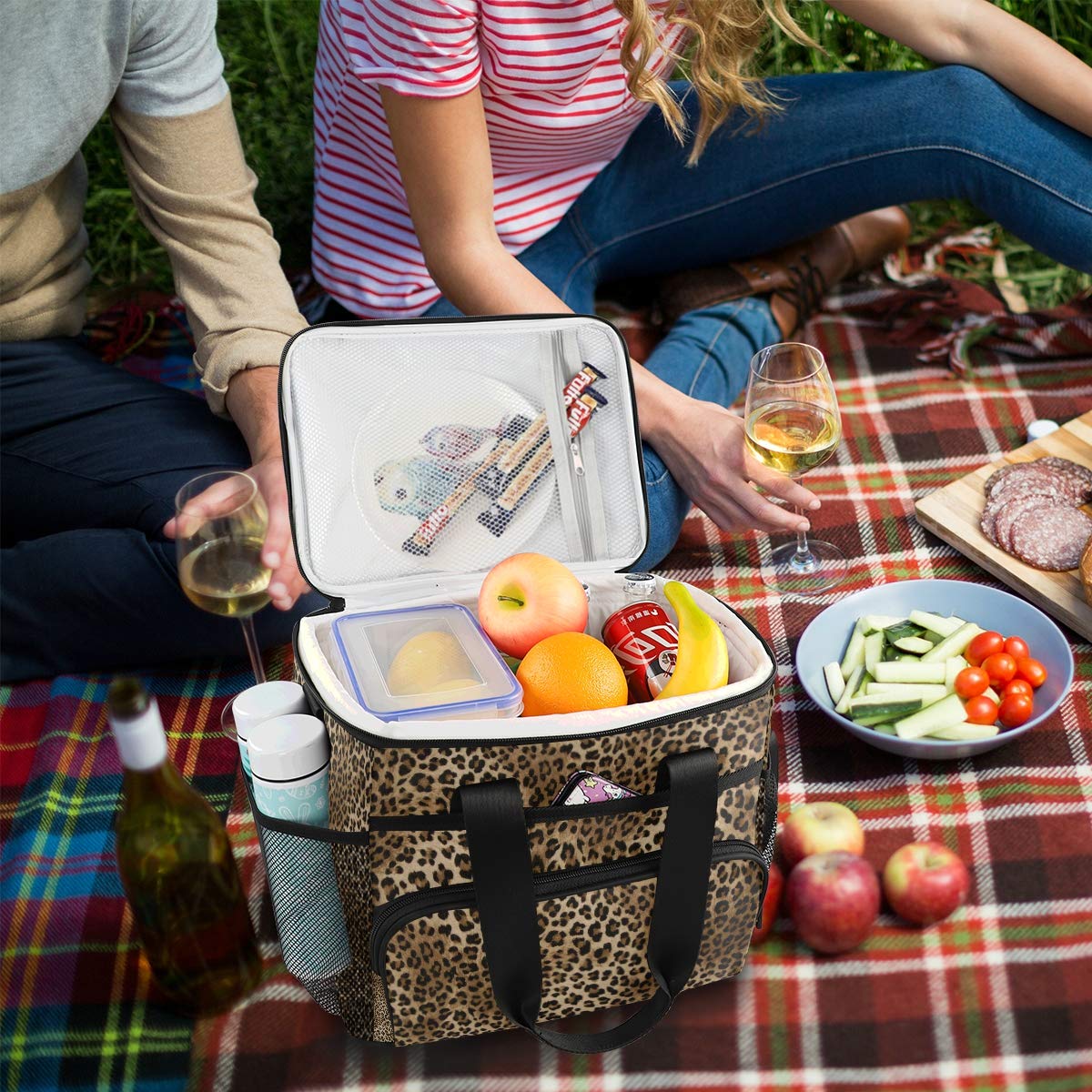 Large Insulated Leopard Print Lunch Bag - 15L Cooler Tote for Women & Men, Reusable Travel Picnic Lunchbox with Ice Pack | Perfect for Work, School, Outdoor & Beach