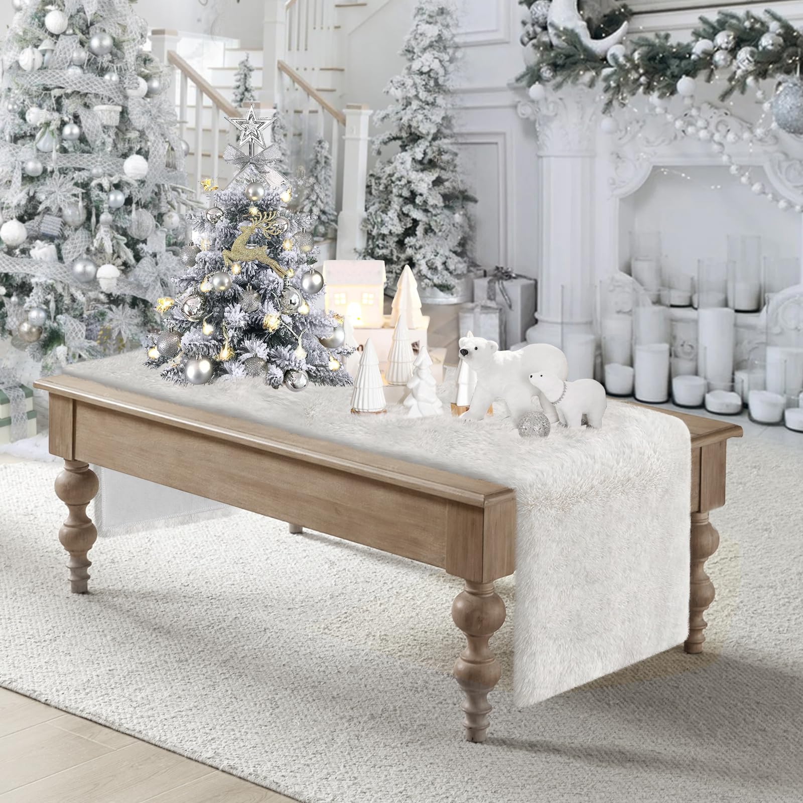 Yuboo White Faux Fur Table Runner - 15 x 108 Inches Fluffy Dresser Cover for Christmas & Winter Decor | Perfect for Holiday Tablescapes, Bedroom Furniture & Winter Wonderland Themes