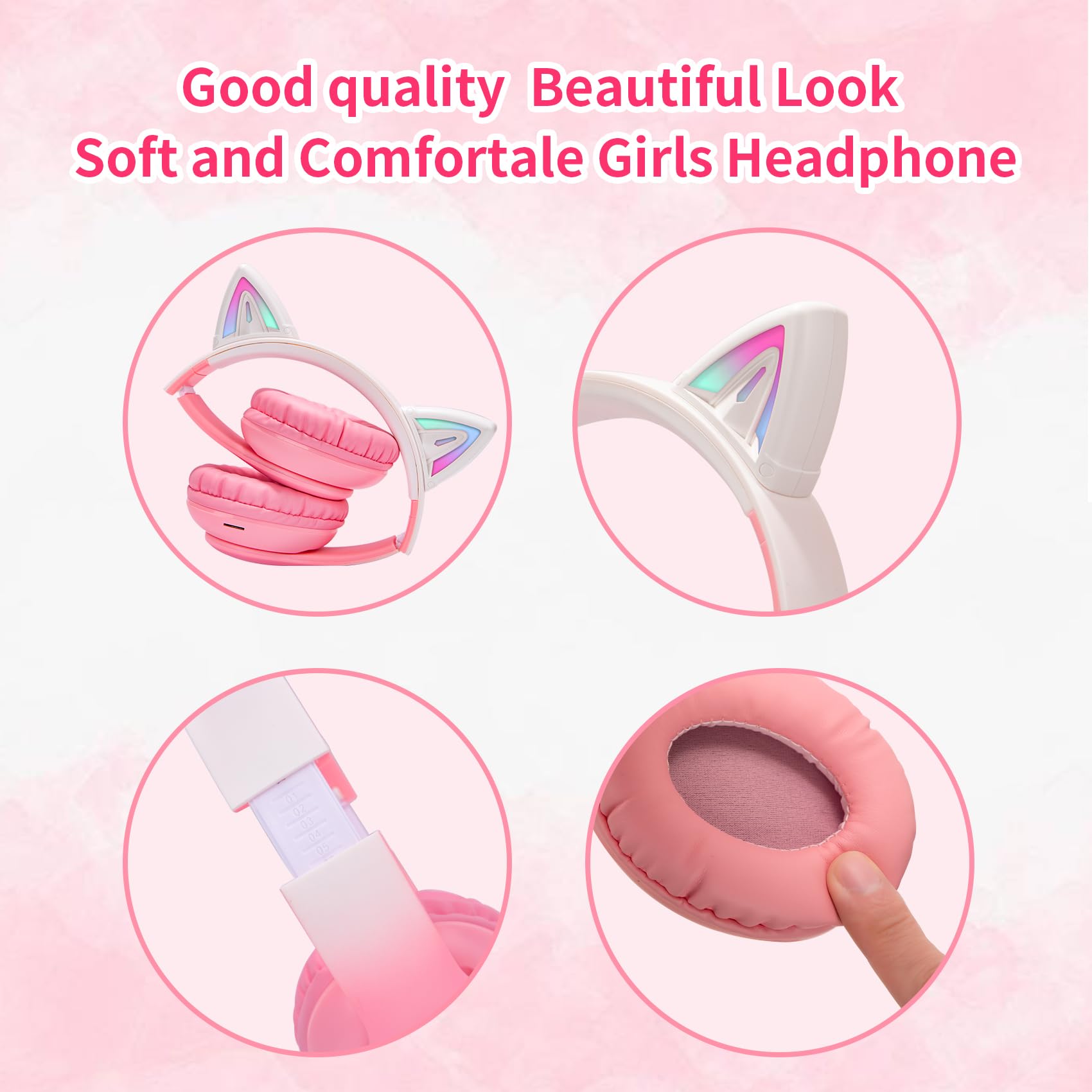 Tokani Kids Bluetooth Headphones with Microphone - Cat Ear Wireless Over-Ear Headset, Foldable Adjustable Comfortable for Girls Teens Adults (Pink) - Perfect for Gaming, Music, School & Travel
