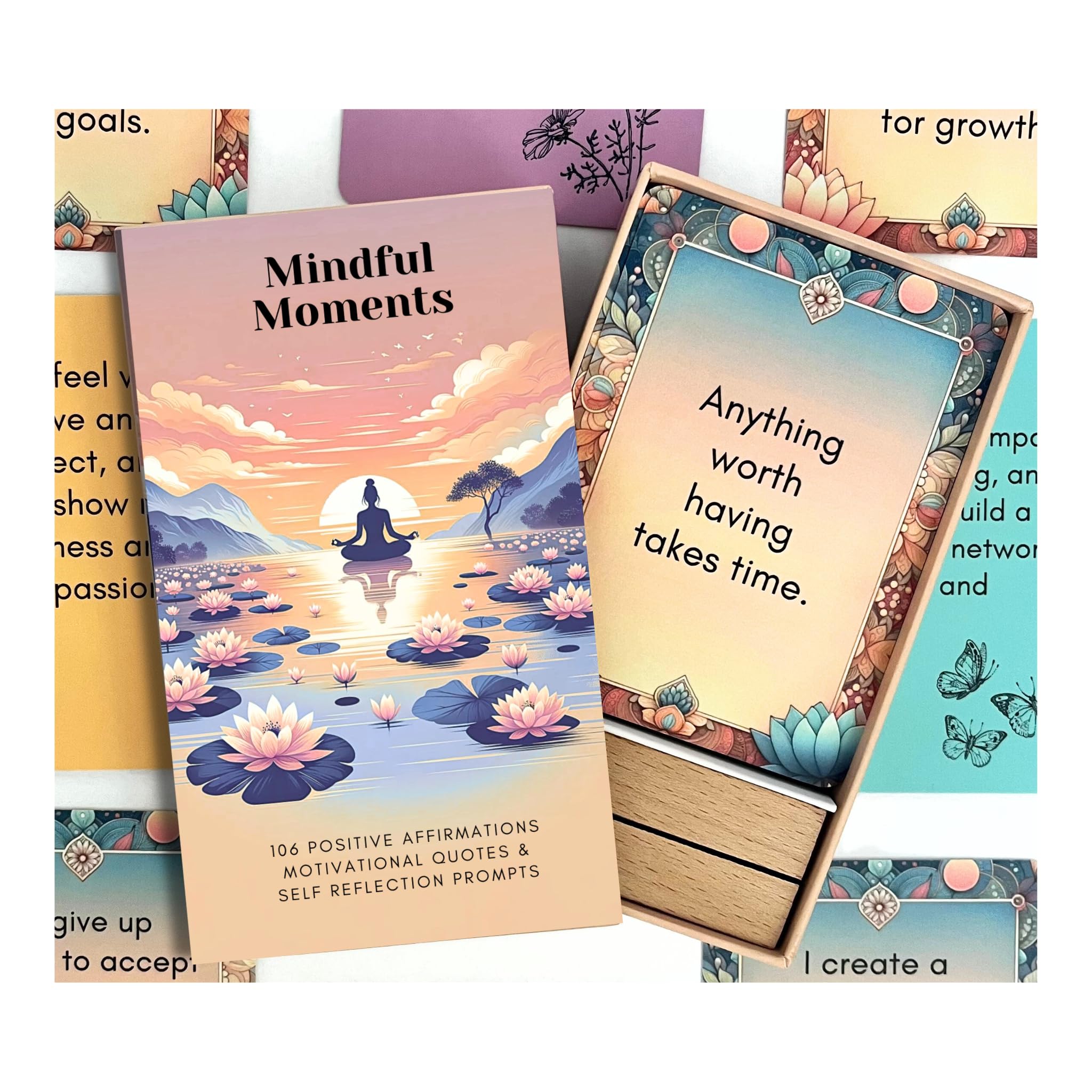 Mindful Moments Daily Affirmation Cards for Women - 106 Positive Inspirational Messages & Self-Reflection Journal Prompts with Display Stand - Perfect for Meditation, Self-Care & Thoughtful Gifts for Her - Ideal for Morning Routines, Yoga Sessions & Bedtime Reflection