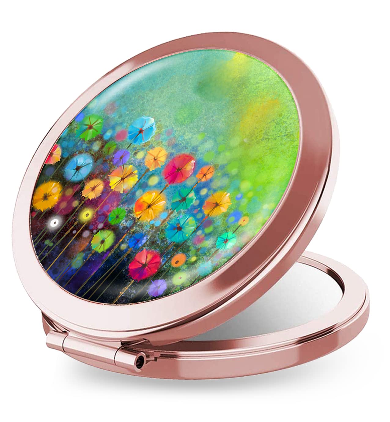 iampanda Rose Gold Compact Mirror for Women - Portable Round Folding Makeup Mirror with 2X Magnification, Mini Travel Mirror for Purse (Watercolor Floral Design) - Perfect for On-the-Go Touch Ups, Travel & Everyday Makeup Application