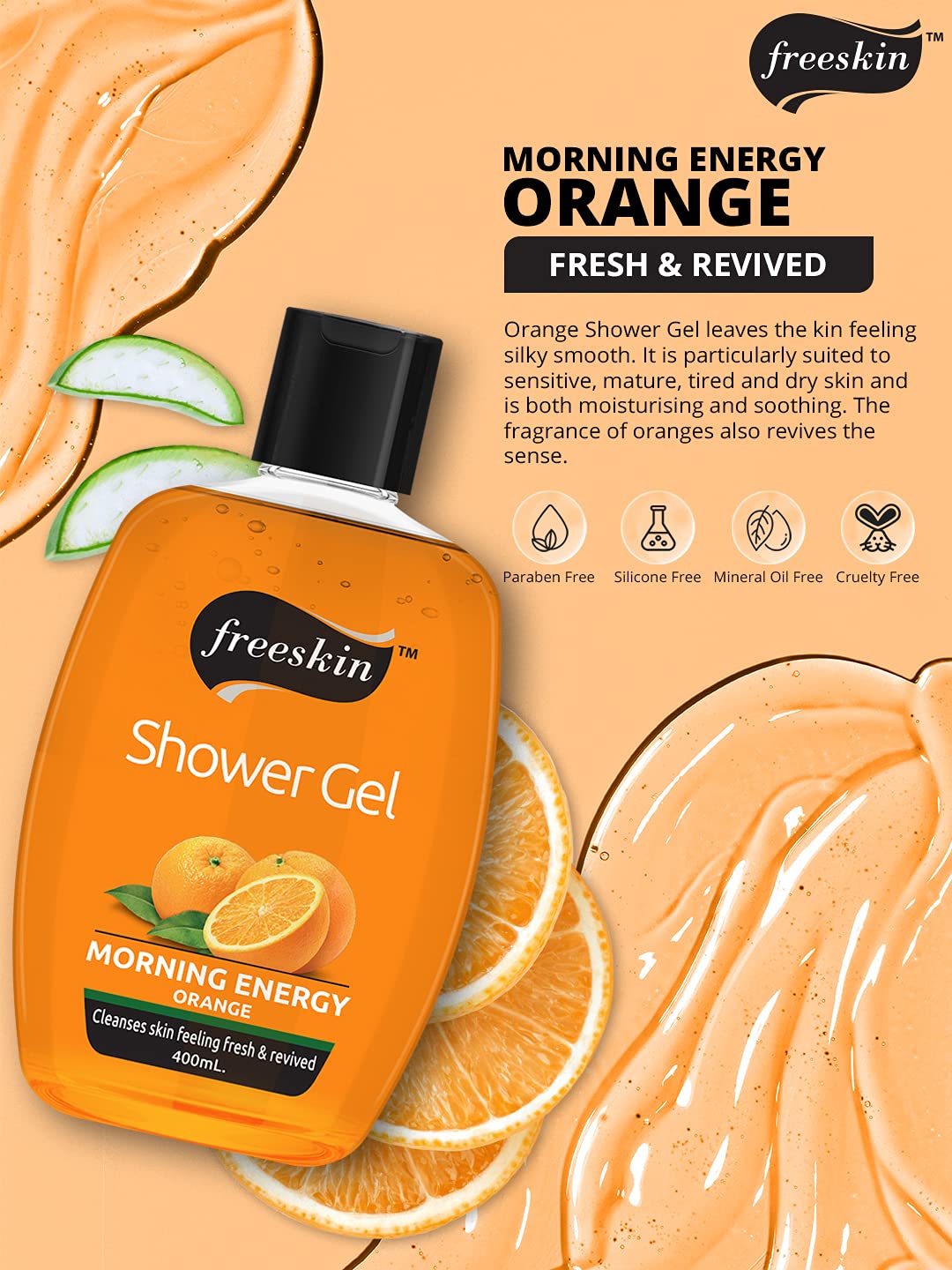 Freeskin Orange Body Wash & Shower Gel - 400ml, Paraben-Free, Sulfate-Free, Mineral Oil-Free, Vegan & Cruelty-Free - Hydrating & Refreshing for All Skin Types - Perfect for Daily Use, Gym, Travel & Sensitive Skin Care