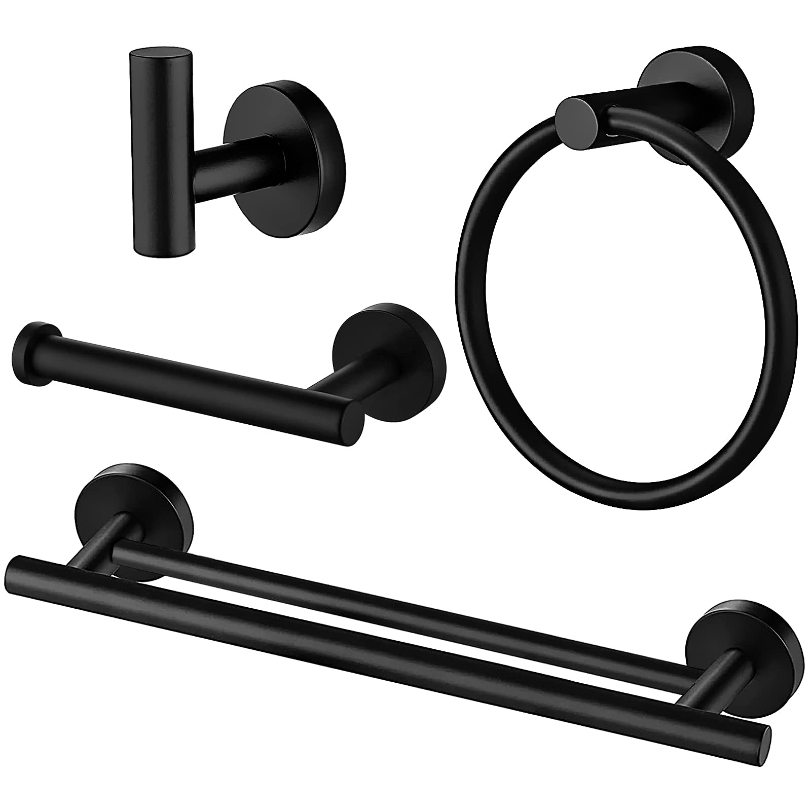 4-Piece Matte Black Bathroom Hardware Set - 24Inch Double Towel Bar, Towel Hook & Ring - Stainless Steel Wall Mounted Bath Accessories Kit for Modern Home Decor