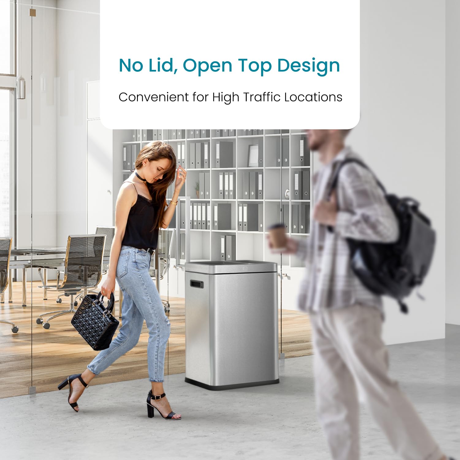 13 Gallon Stainless Steel Kitchen Trash Can with Dual Removable Liners - Open Top No Lid Design for Waste & Recycling - Perfect for Home, Office & Restaurant Use