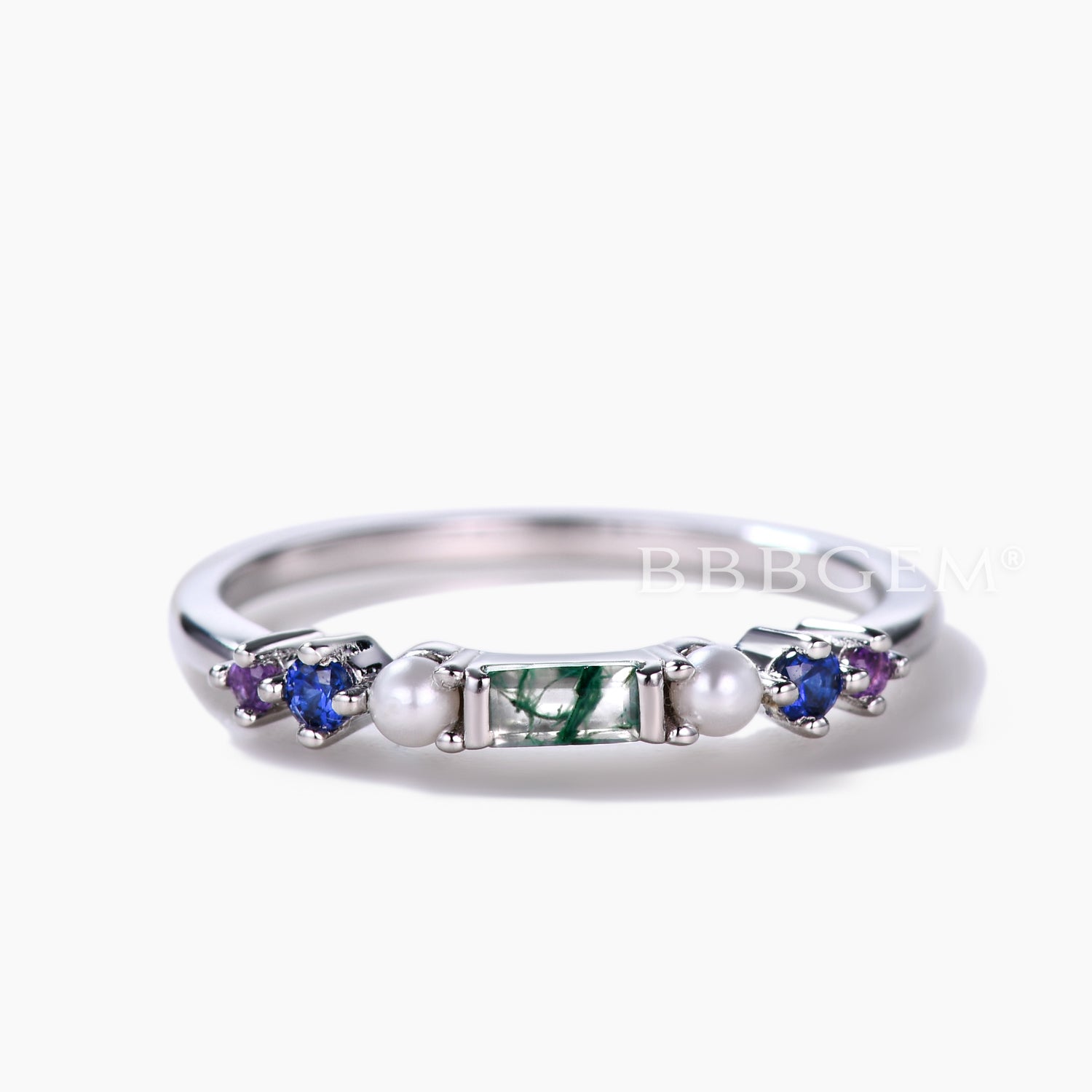 Rainbow Gemstone Family Ring - Green Moss Agate & Pearl Multi-Color Birthstone Band for Women | Perfect for Mother's Day, Anniversary Gifts & Special Occasions