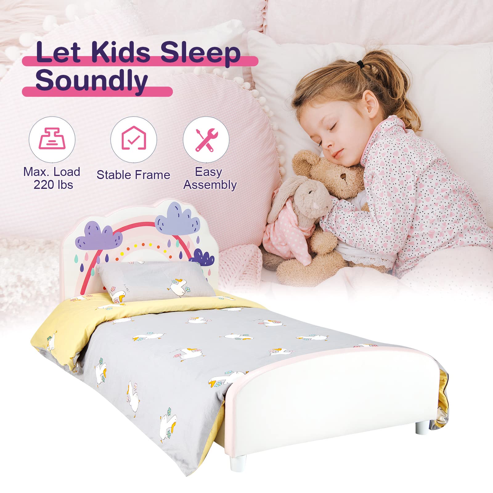 **HONEY JOY Twin Bed Frame for Kids - Sturdy Wooden Platform Bed with Headboard & Slat Support, No Box Spring Needed - Perfect for Boys & Girls Bedrooms - Fits Standard Twin Mattress (Rainbow Design) - Ideal for Toddler Rooms, Sleepovers & Cozy Bedtime Stories**