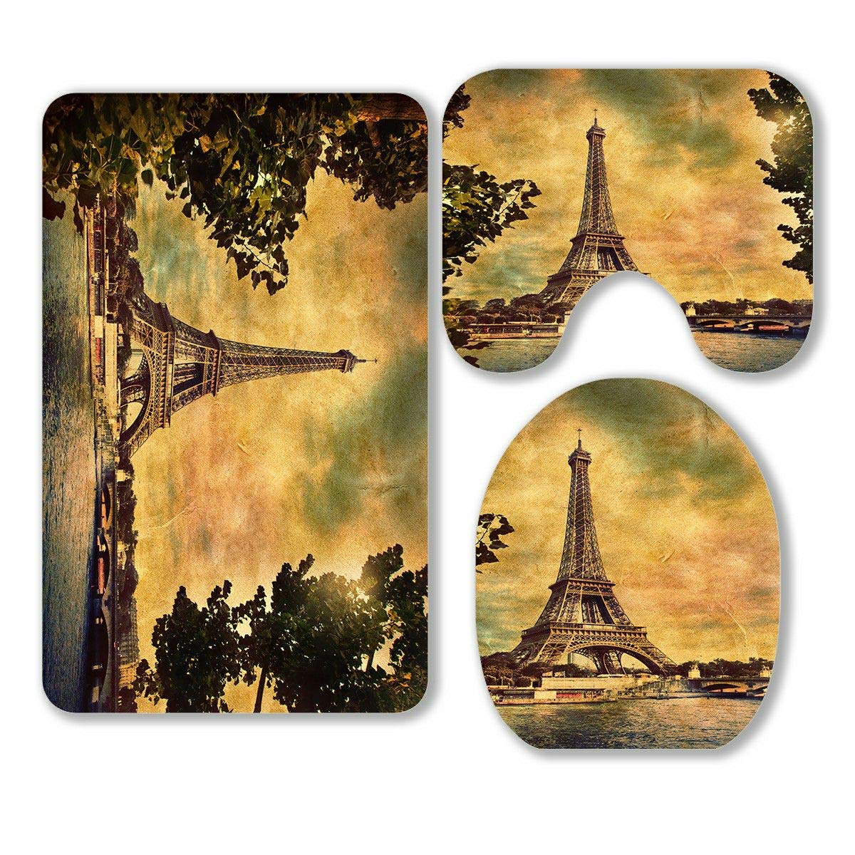 ECZJNT Paris France Eiffel Tower Vintage Bathroom Rugs Set - 3 Piece Non-Slip Contour Mat & Toilet Lid Cover - Retro Style Home Decor for Bath, Powder Room & Guest Bath