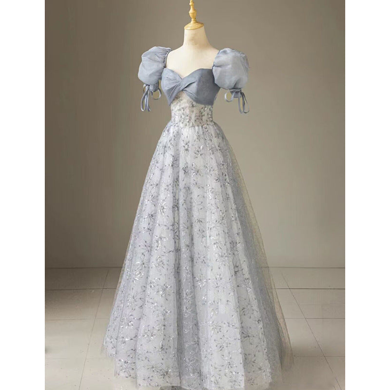 Elegant Floral Printed Long Prom Dress - A-Line Puff Sleeves Blue Party Gown for Women | Formal Evening Gown for Prom, Homecoming, Wedding & Special Occasions