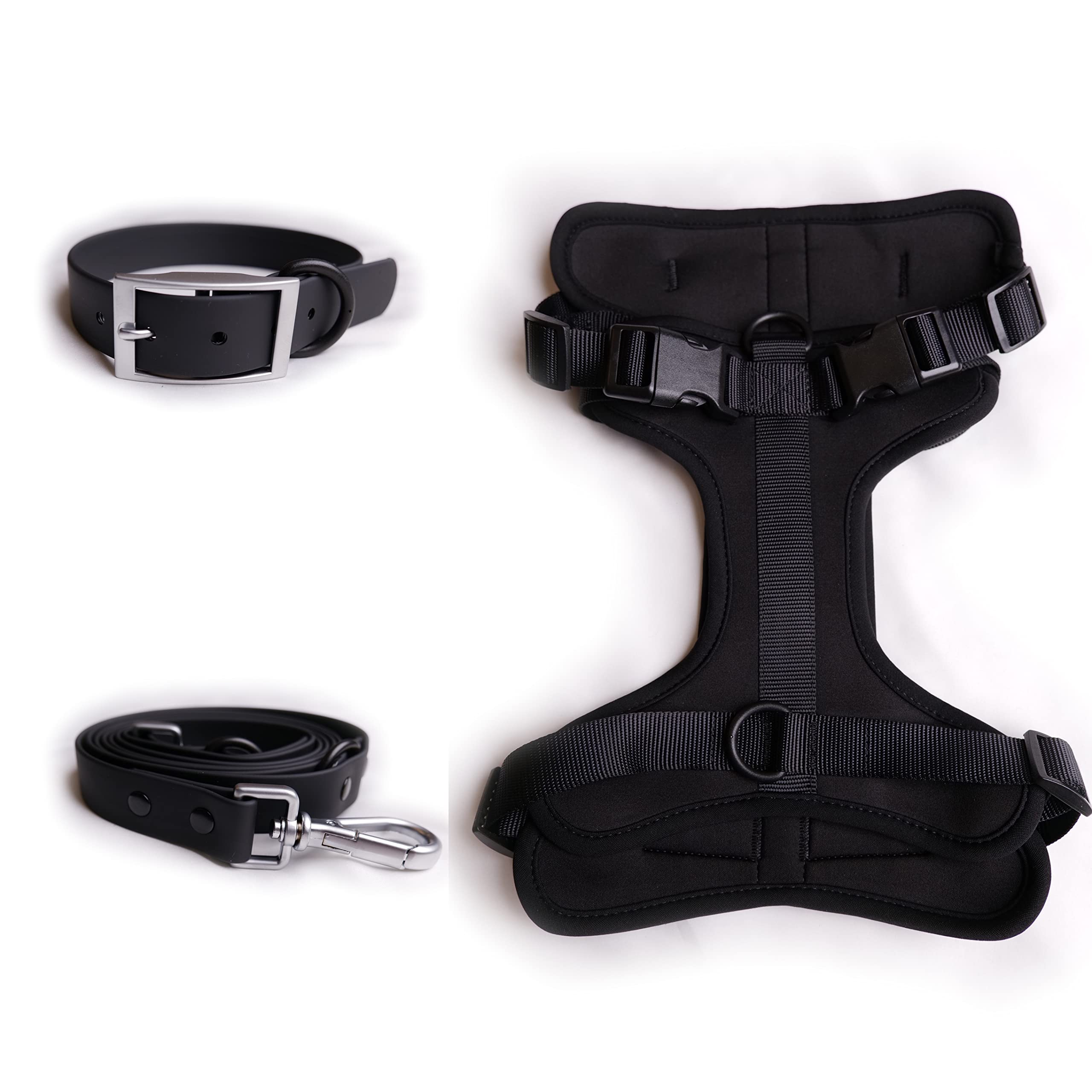 3-Piece Waterproof Dog Leash, Collar & Harness Set - 2 Adjustable Leashes for Training & Walking Large/Medium Dogs | Heavy-Duty, Non-Irritating Pet Accessories (Large, Black) | Perfect for Outdoor Adventures, Daily Walks & Obedience Training