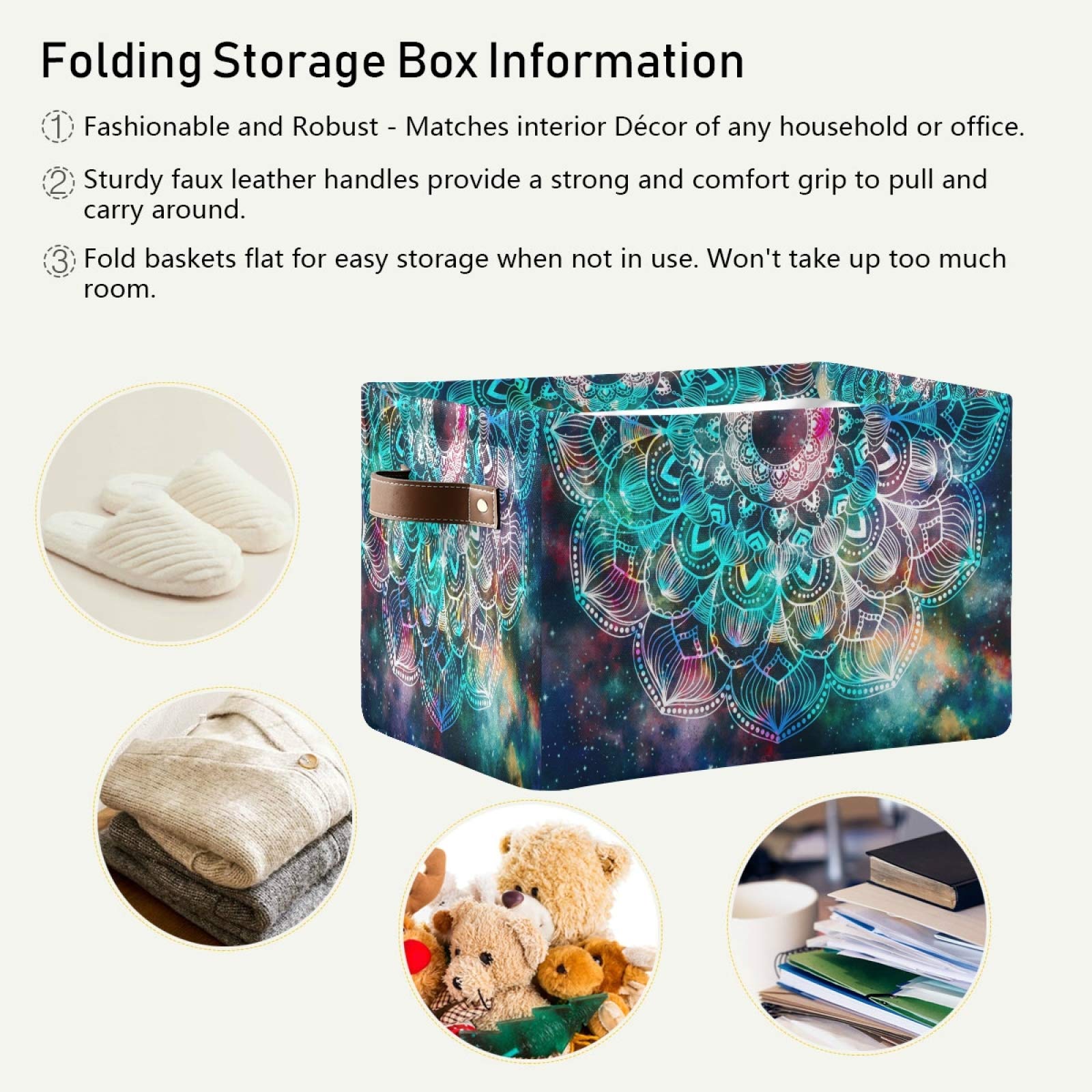 Collapsible Storage Basket with PU Handles - Waterproof Mandala Design Organizer for Nursery, Laundry & Home Decor (1 Pack) | Perfect for Baby Rooms, Closet Organization & Bathroom Storage