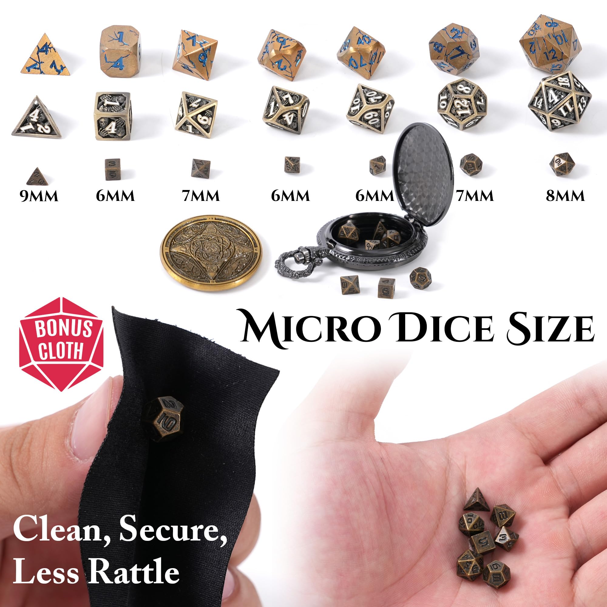 Premium Micro Metal Dice Set for DND RPG Games - MiniChrono's Dragon-Engraved Pocket Watch Case with Black Gold & Bronze Dice - Perfect Portable Dungeons & Dragons Accessory for Tabletop Gaming, Gifts & Travel