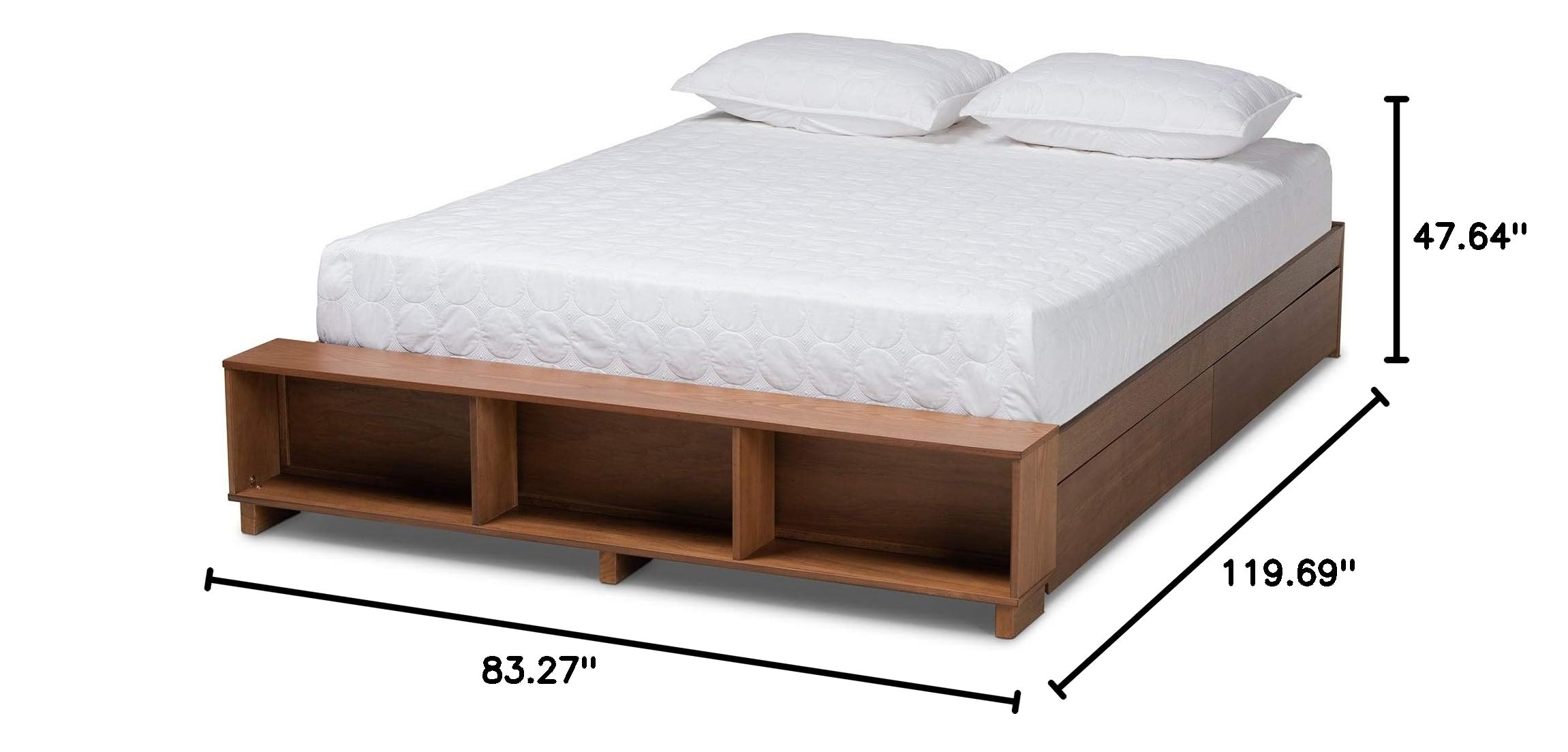 Modern Rustic Ash Walnut Brown Wood Platform Bed with Storage Shelves - Full Size Bed Frame with Hardware Included | Perfect for Small Bedrooms, Guest Rooms & Loft Spaces