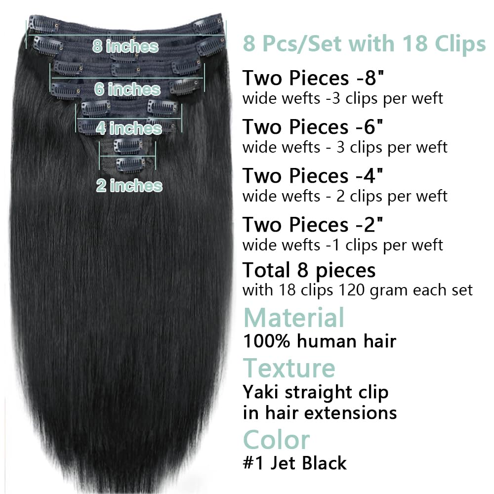 Straight Clip in Hair Extensions for Black Women - 8pcs Real Human Hair Set with 18 Clips & Double Lace Weft, 120g, 100% Soft Natural Black Hair (24Inch, #1B) - Perfect for Daily Styling, Parties & Special Occasions