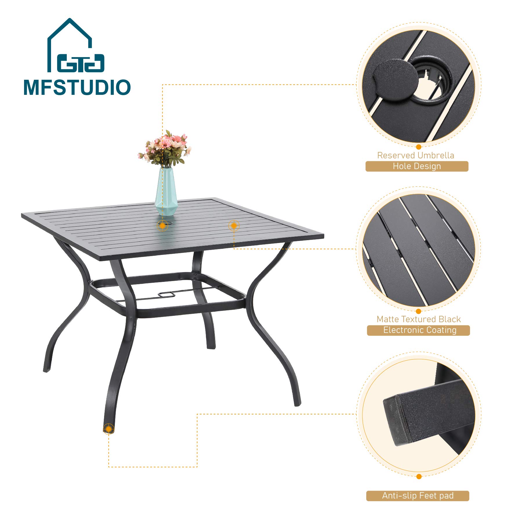 MFSTUDIO 5-Piece Outdoor Patio Dining Set - Square Metal Table with 4 Textilene Sling Chairs, All-Weather Furniture for Backyard, Garden, Poolside & BBQ Parties - Perfect for Family Gatherings & Outdoor Entertaining
