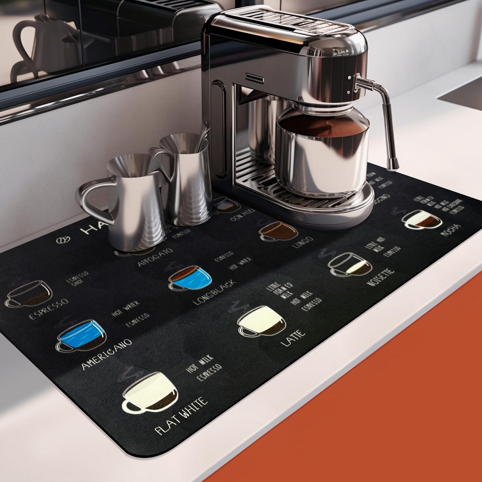 Matace Premium Coffee Bar Mat - 16x24 Inch Large Absorbent Kitchen Counter Mat with Non-Slip Rubber Backing | Heat Resistant Dish Drying Mat for Coffee Maker & Espresso Machine | Perfect for Home Cafes, Coffee Shops & Office Break Rooms