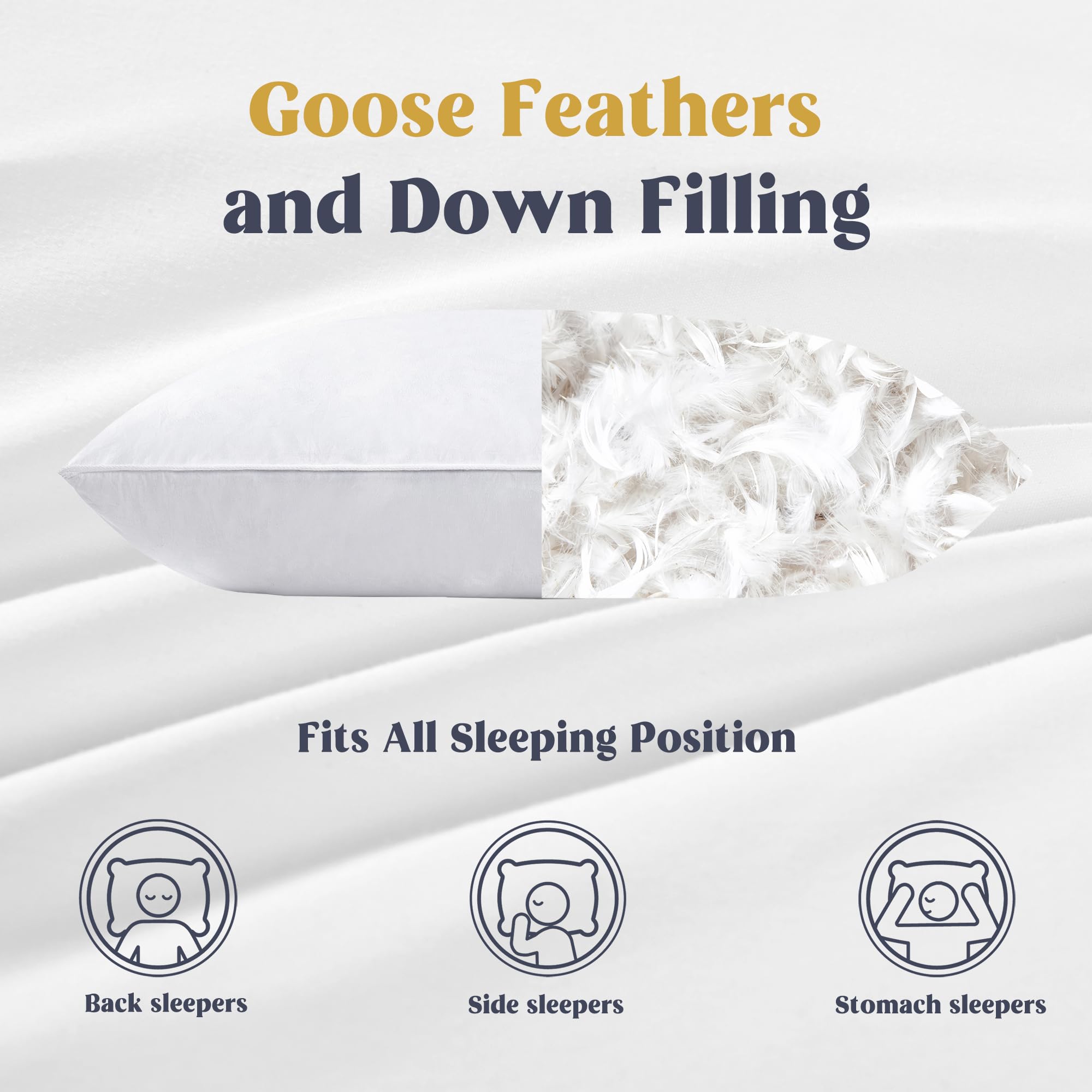 Puredown® 100% Goose Feather & Down Pillows Set of 2 - King Size White with Soft Cotton Cover for Bed, Hotel & Home Use - Luxury Sleeping Pillows for Side, Back & Stomach Sleepers