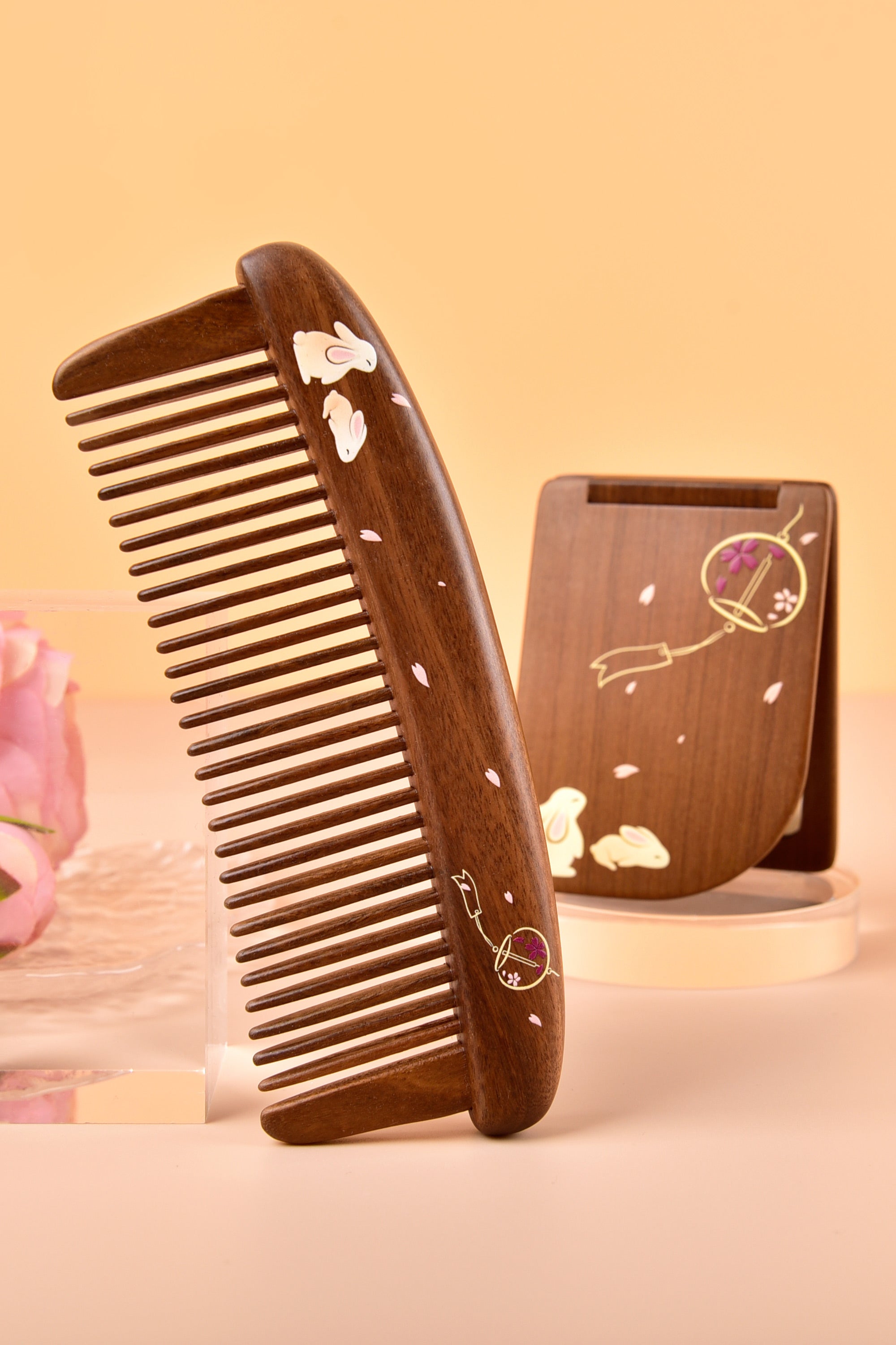 Bunny Wood Comb & Mirror Set - Natural Wooden Hair Comb and Hand Mirror Gift Set for Women - Perfect for Travel, Home, and Salon Use