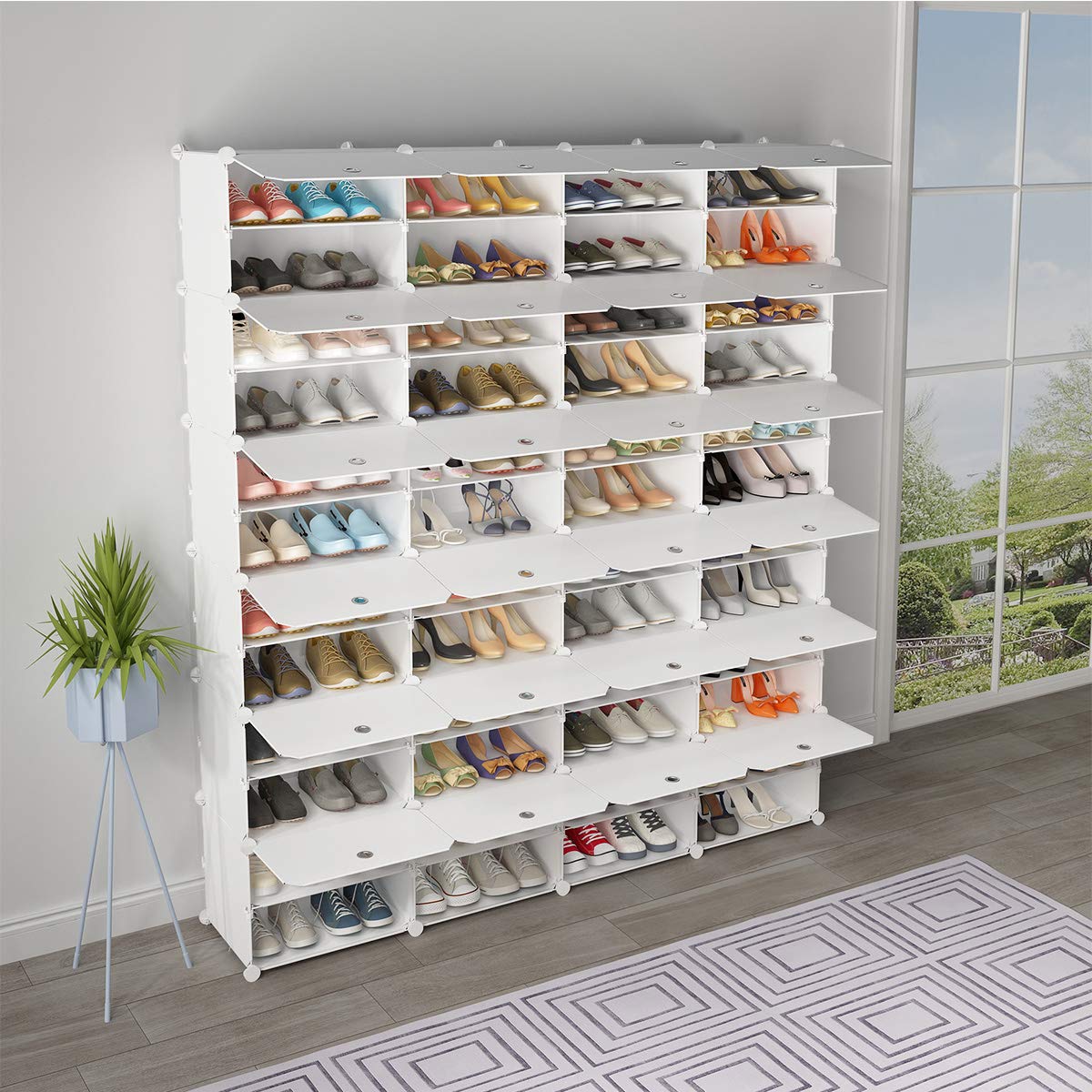 KOUSI 48 Grids Expandable Shoe Rack Organizer - Portable Tower Shelf Storage Cabinet for Heels, Boots, Slippers (White) - Perfect for Closet, Bedroom, Entryway & Dorm Organization