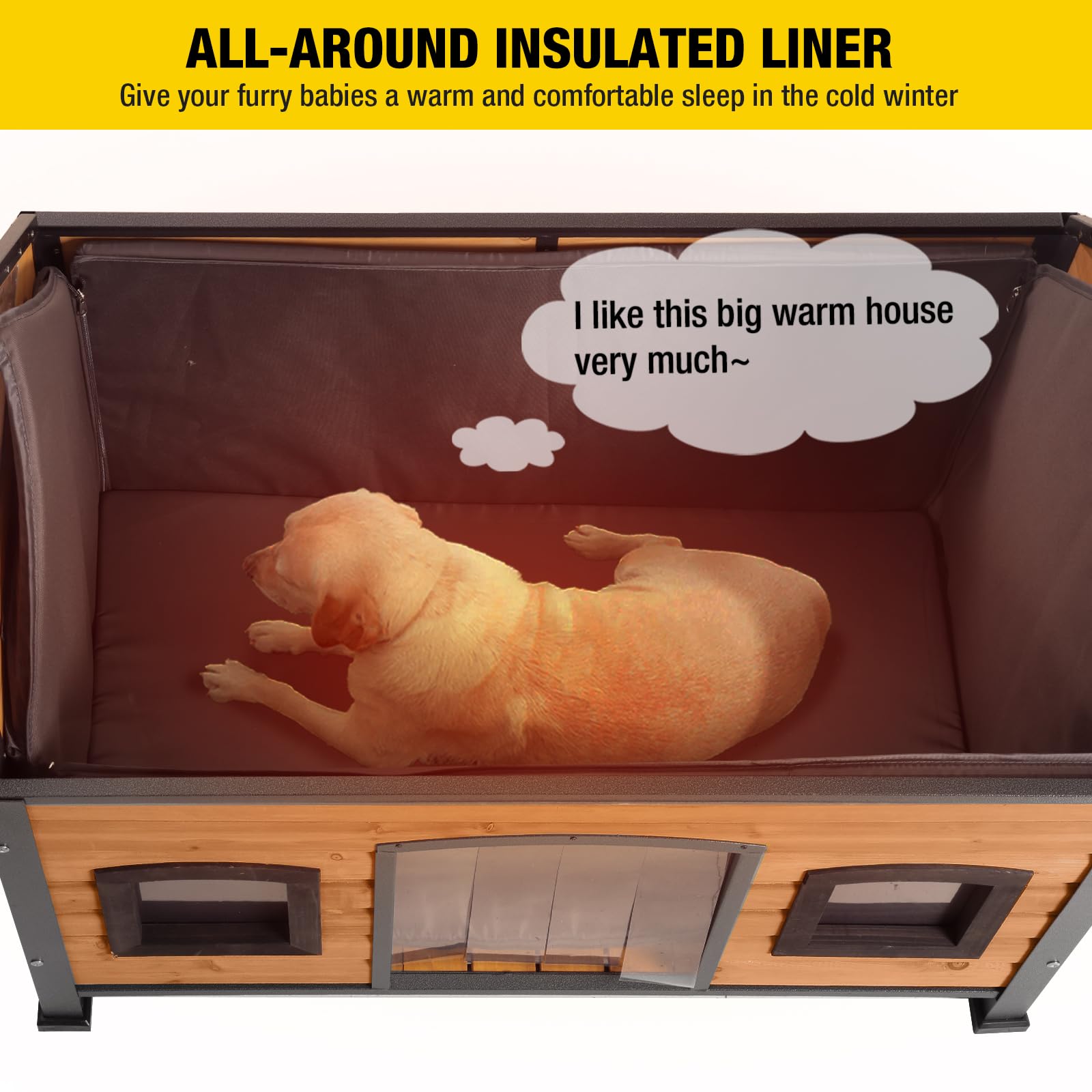 Aivituvin Insulated Wooden Dog House with Anti-Chewing Metal Frame - Weatherproof Indoor/Outdoor Pet Kennel with Unique Roof Design for Small to Medium Dogs | Perfect for Backyard, Patio, and Garage Use