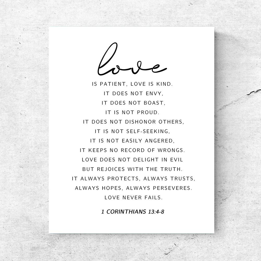 1 Corinthians 13 Love is Patient Love is Kind Bible Verse Wall Art - Christian Couple Home Decor, Unframed 8x10 Inches Scripture Print for Bedroom, Wedding Gift & Faith-Based Inspiration