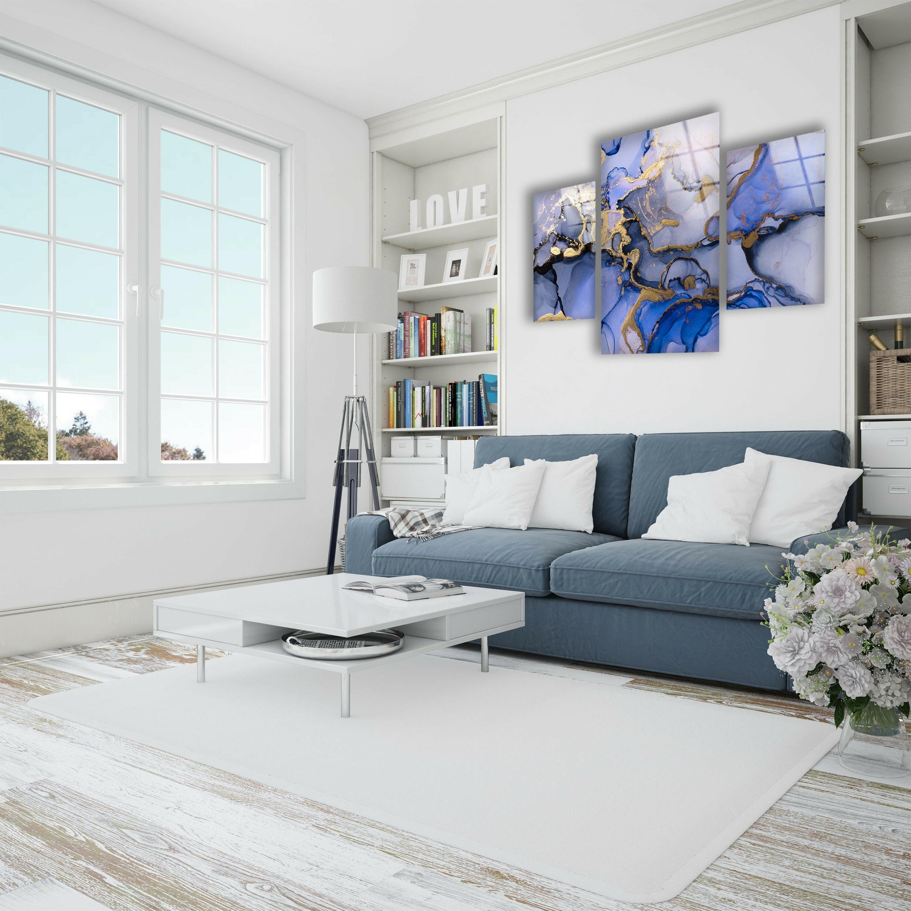 Blue & Gold Abstract Glass Wall Art - Modern Handmade Decor for Living Room, Bedroom & Office - Unique Home & Interior Design Gift Idea