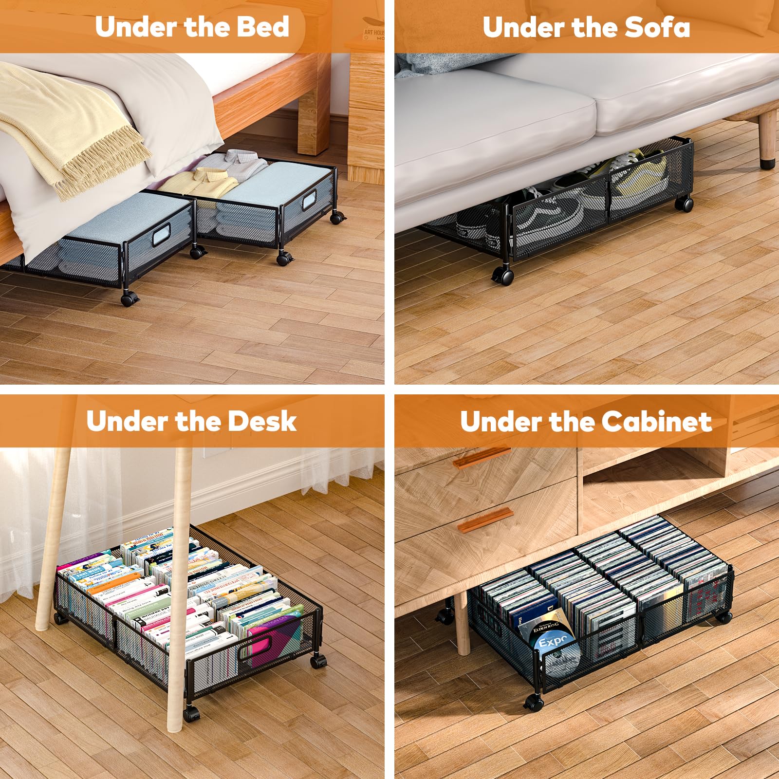 Under Bed Storage with Wheels - 2 Pack Rolling Under Bed Storage Containers for Shoes, Clothes & Blankets | Space Saving Bedroom Organizer for Seasonal Clothing & Extra Linens
