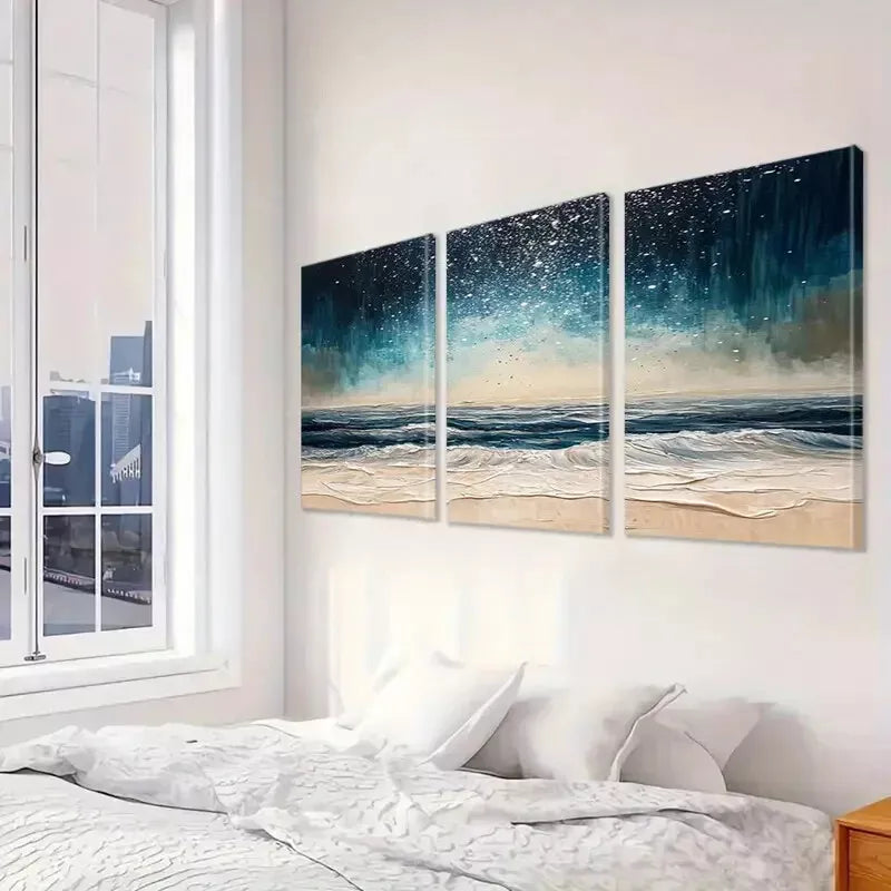 3-Piece Abstract Night Beach Waves Classic Art Set - Framed Canvas Wall Decor 50x70cm | High Quality Print | 100% Australian Made | Ready to Hang | Perfect for Living Room, Bedroom & Office Decor