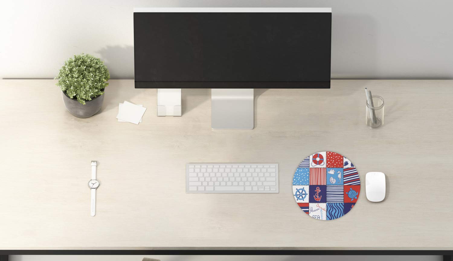 Ambesonne Geometric Mouse Pad - Non-Slip Round Gaming Mousepad with Nautical Anchor, Helm & Fish Motifs - 8 Inch Thick Rubber Computer Mouse Mat for Office & Gaming Setup - Multicolor Checkered Design
