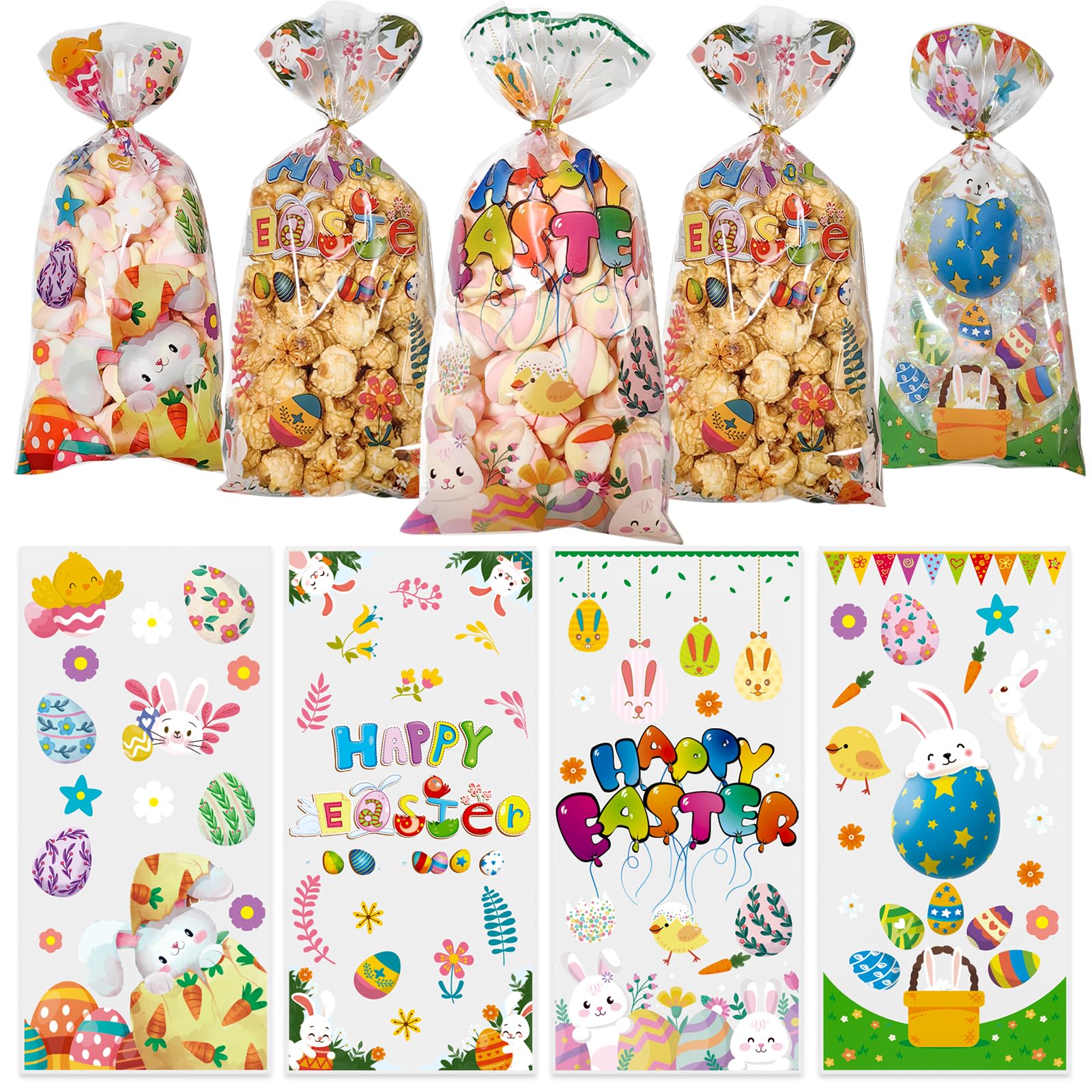 QOIUSO 50pcs Clear Easter Cellophane Bags with Twist Ties - Party Favor Bags for Candy, Cookies & Gifts - 4 Styles for Kids Easter Treats, Holiday Party Supplies & Gift Wrapping